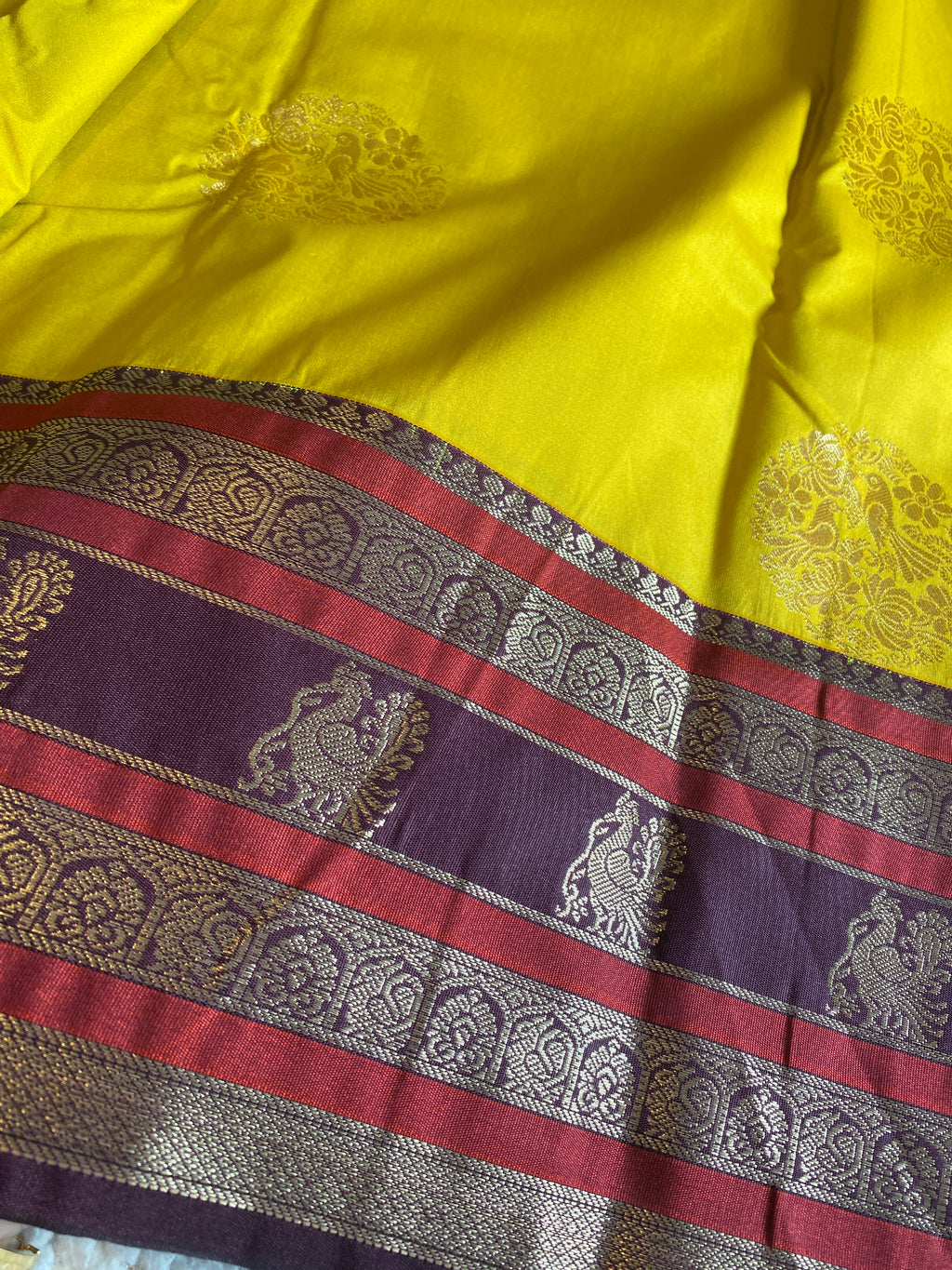 Golden Yellow & Deep Plum Semi-Kanchipuram Silk Saree with Peacock Zari Motifs