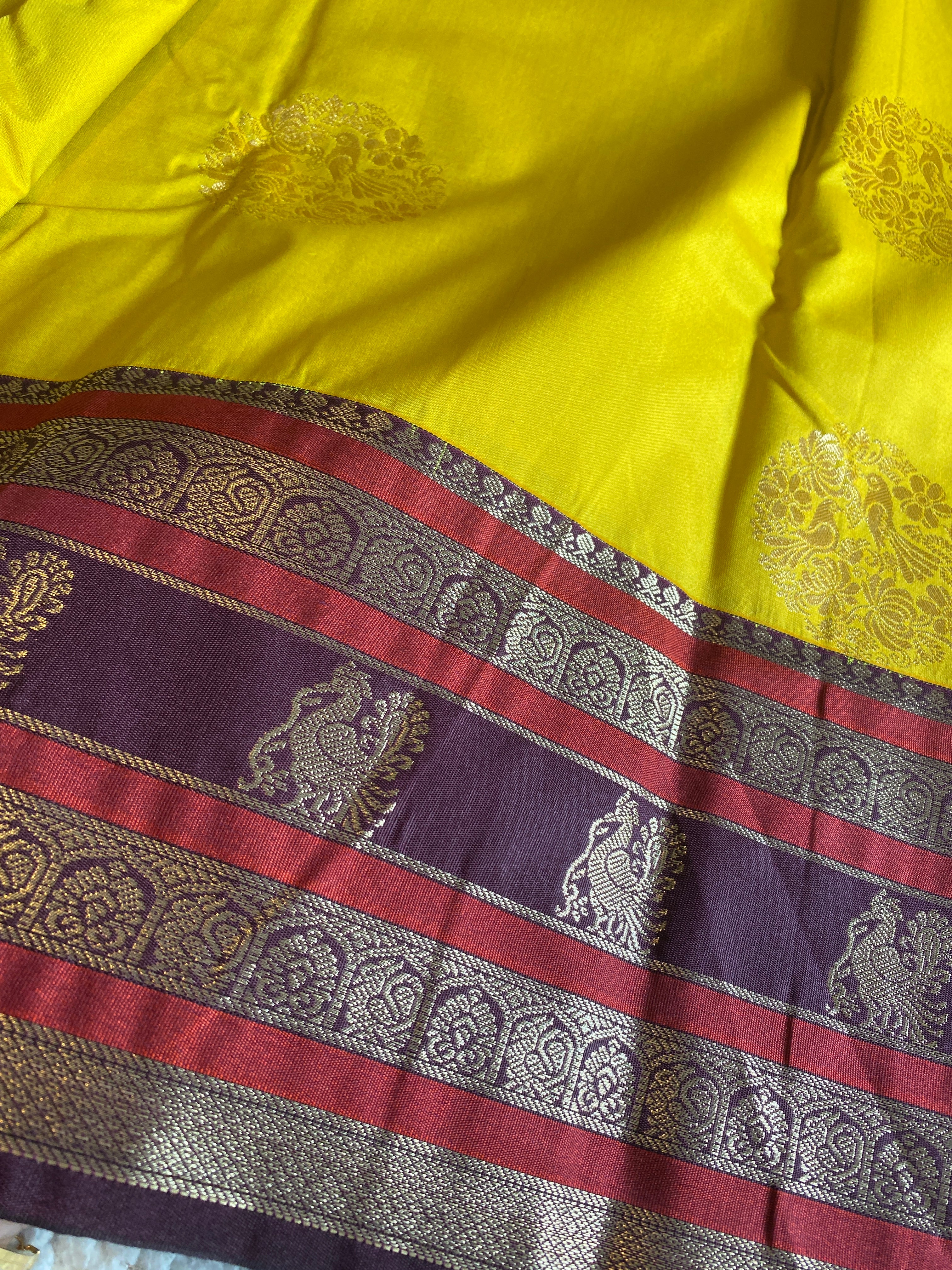 Golden Yellow & Deep Plum Semi-Kanchipuram Silk Saree with Peacock Zari Motifs