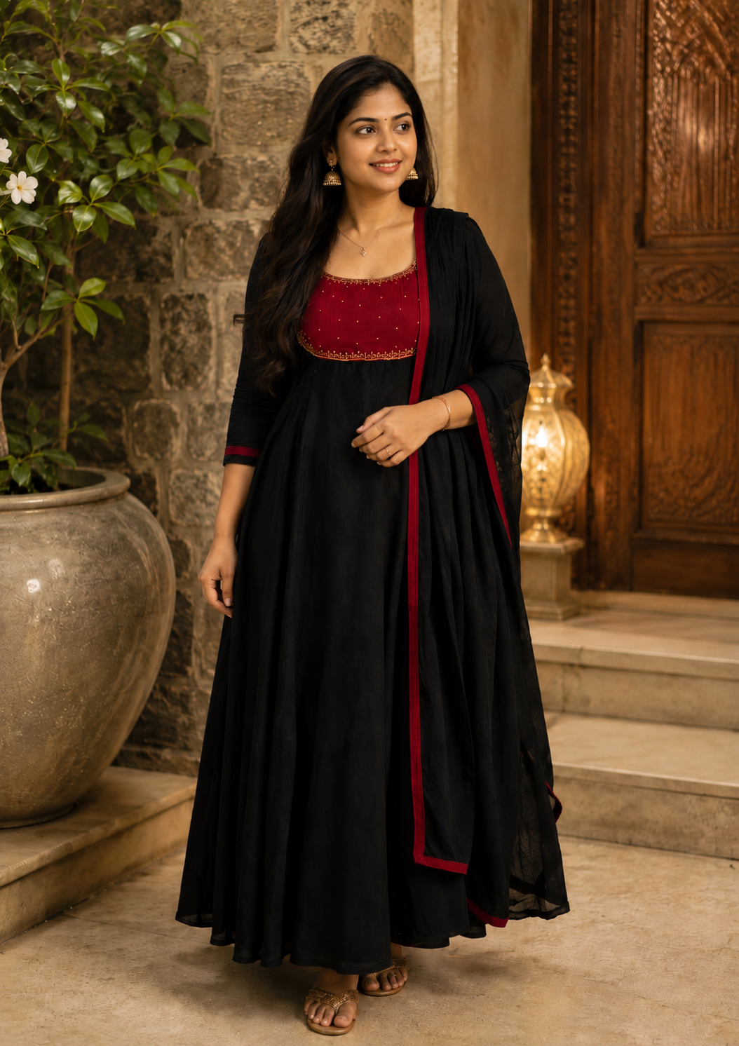 Black Handworked Semi-Raw Silk A-Line Top with Dupatta