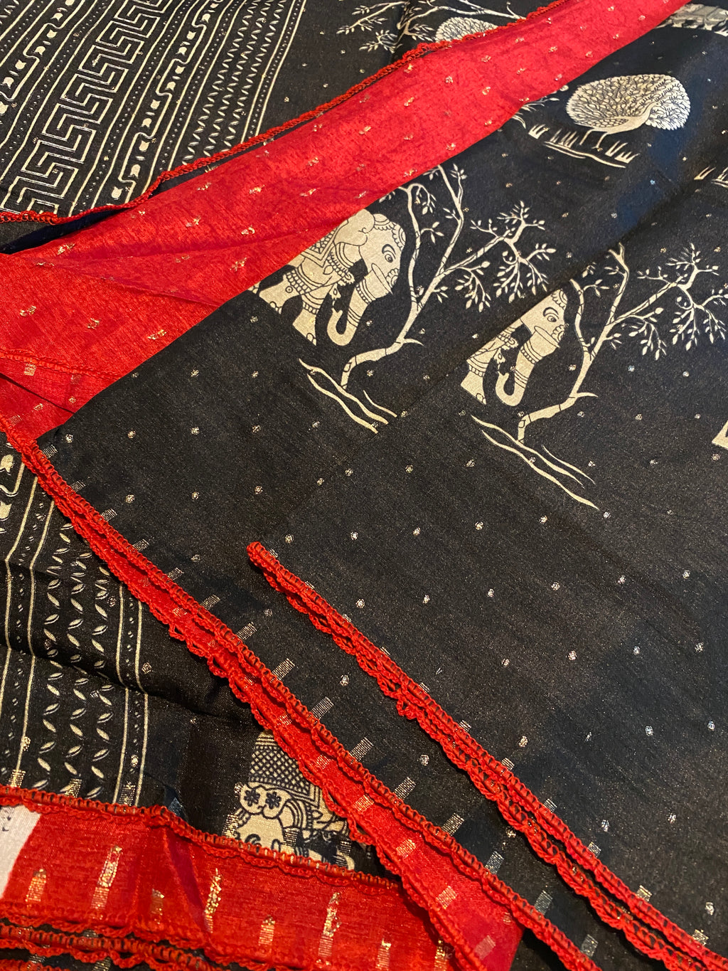 Black Fancy Cotton Saree with Elephant Motif | Elegant Ethnic Wear with Contrast Red Border