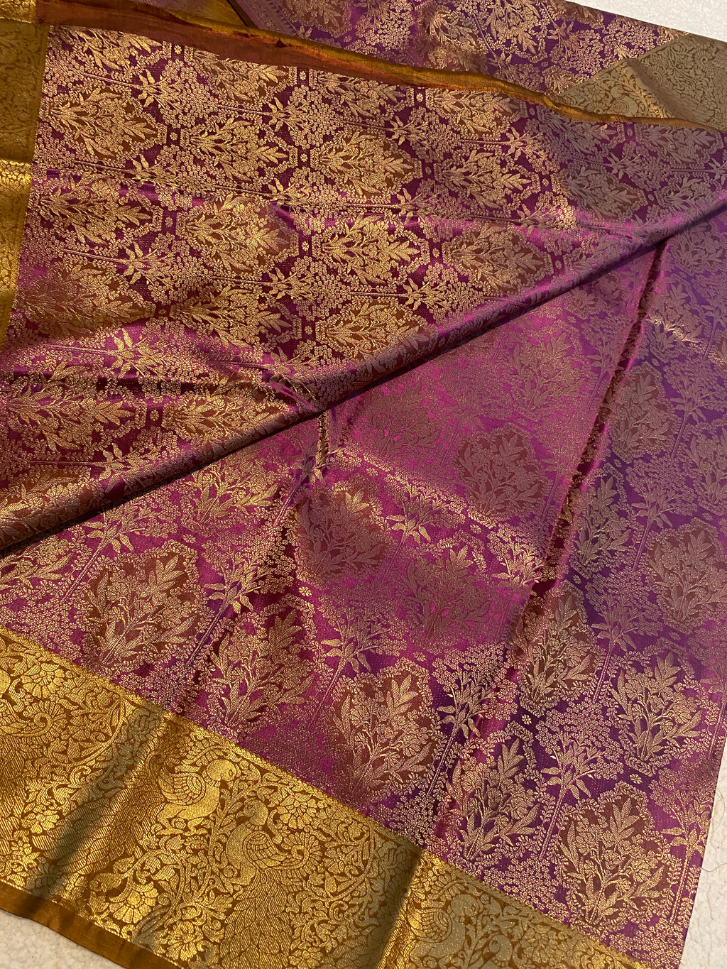 Magenta Purple and Antique Mustard Gold Semi-Kanchipuram Silk Saree with Rich Gold Zari Border