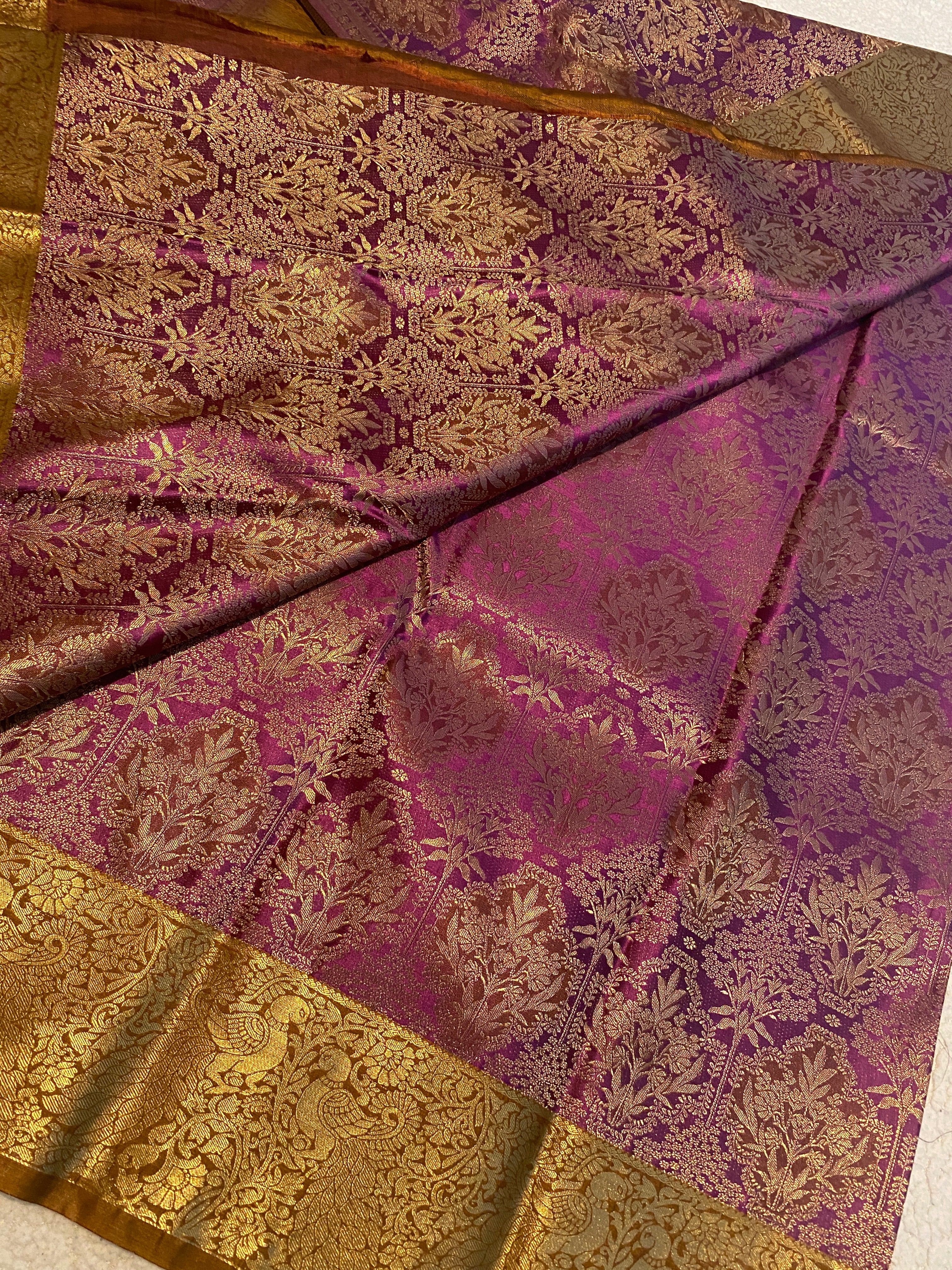 Magenta Purple and Antique Mustard Gold Semi-Kanchipuram Silk Saree with Rich Gold Zari Border