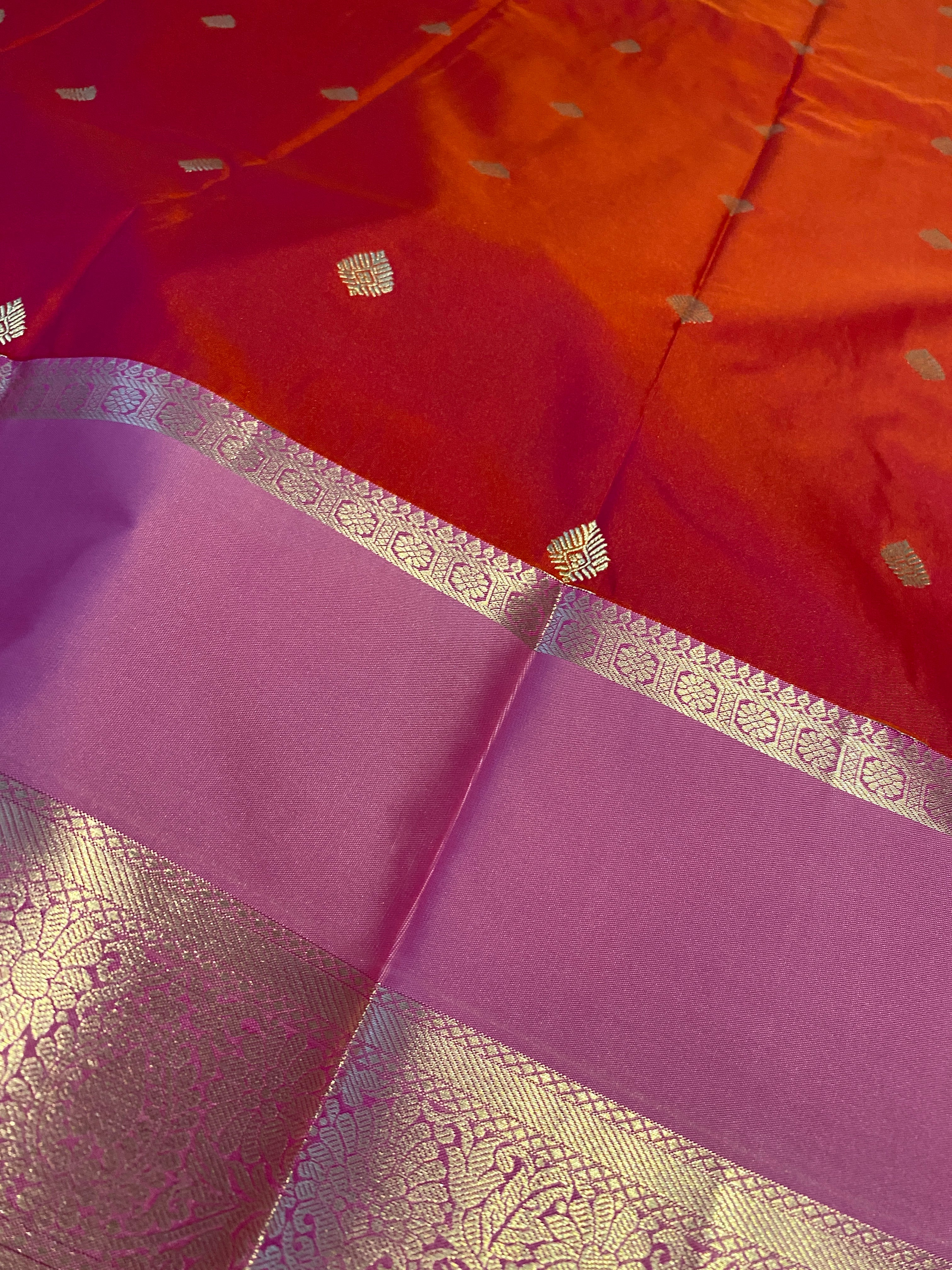 Semi-Kanchipuram Silk Saree in Dual-Tone Deep Pink & Orange with Rose Pink Pallu & Gold Zari Border