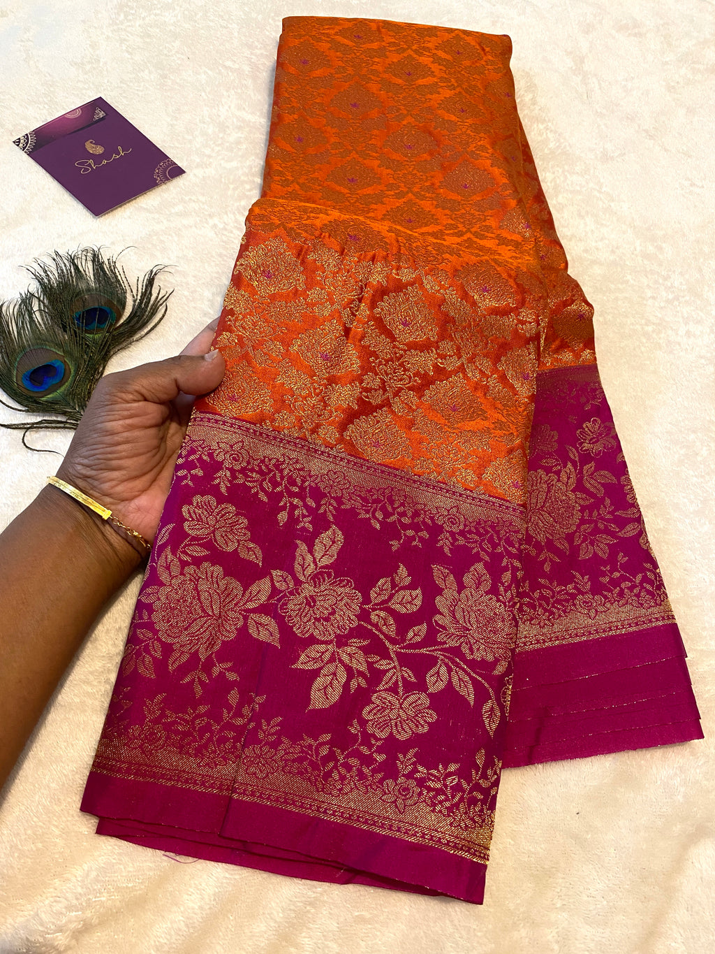 Premium Semi-Kanchipuram Silk Saree in Orange with Magenta Pink Floral Gold Zari Border & Pallu