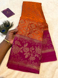 Premium Semi-Kanchipuram Silk Saree in Orange with Magenta Pink Floral Gold Zari Border & Pallu