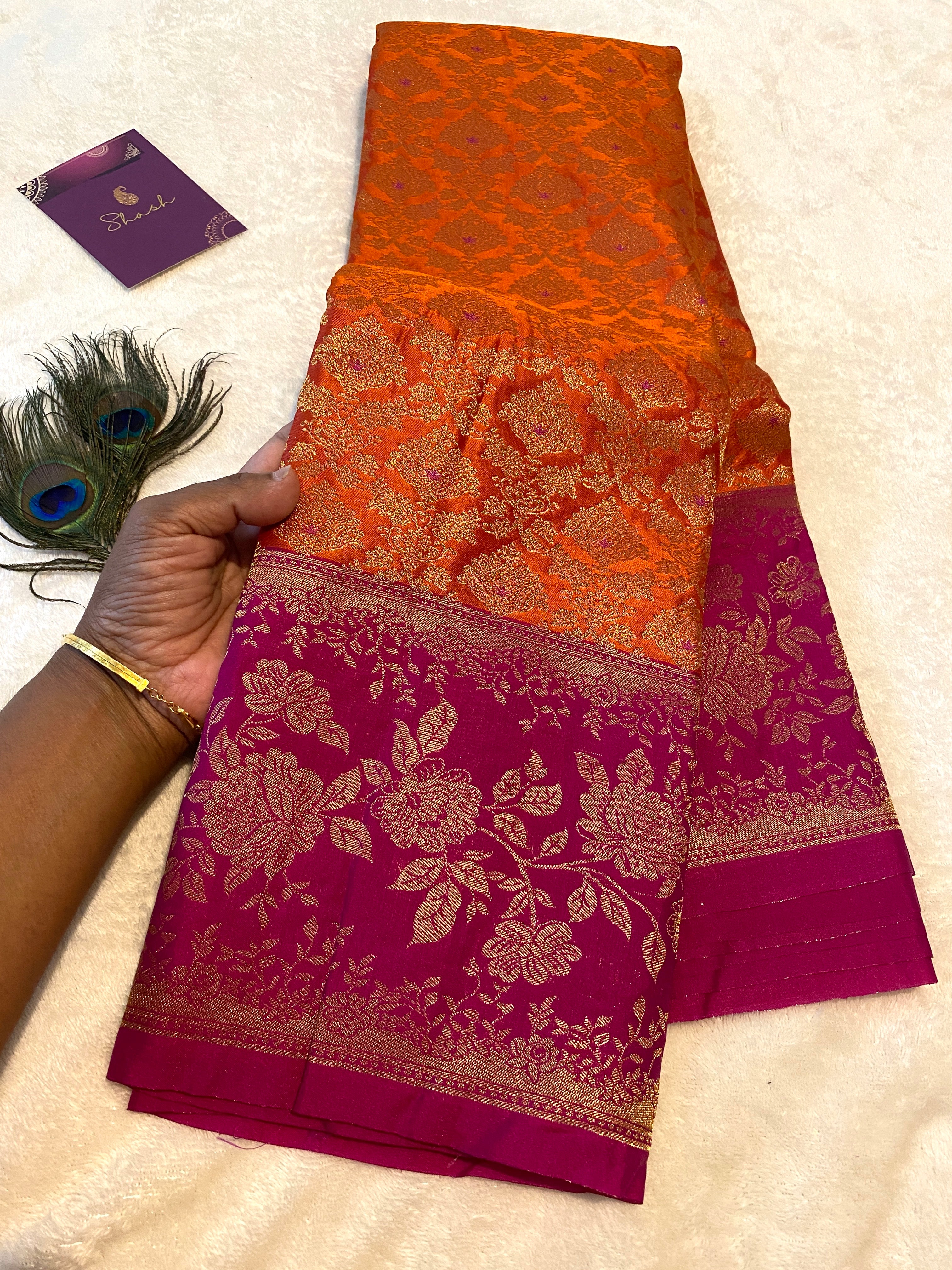 Premium Semi-Kanchipuram Silk Saree in Orange with Magenta Pink Floral Gold Zari Border & Pallu
