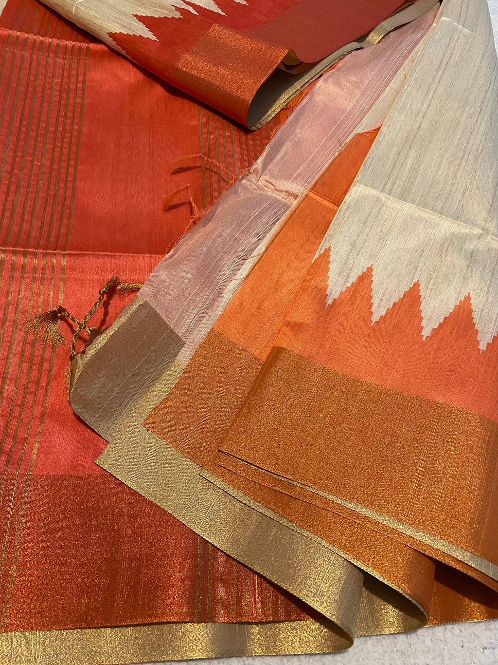Cream Semi-Jute Tussar Saree with Ganga Jamuna Temple Border