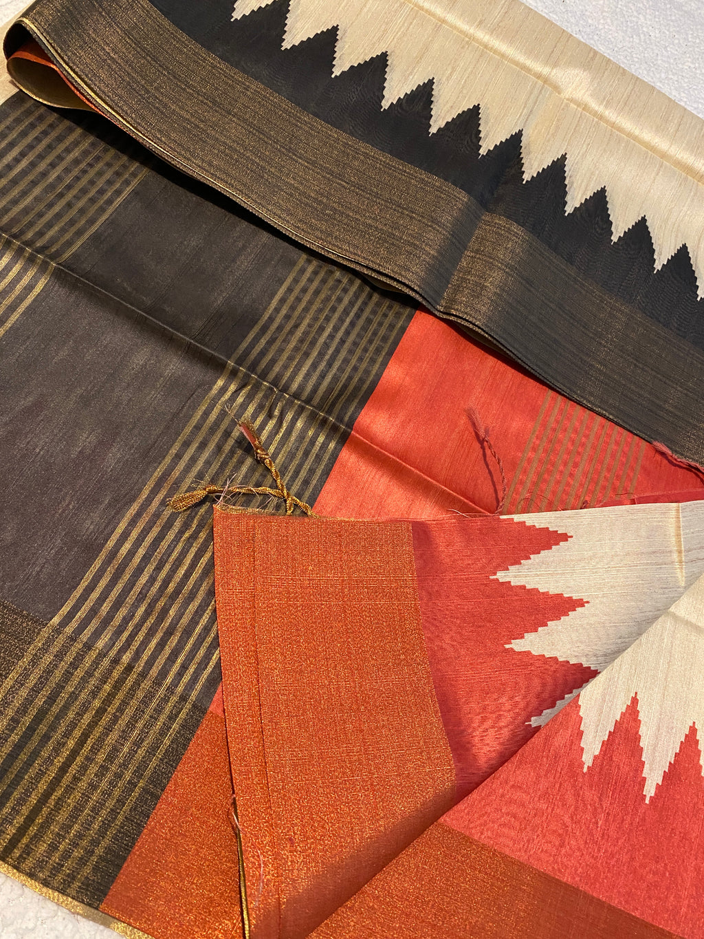 Cream Semi-Jute Tussar Saree with Ganga Jamuna Temple Border
