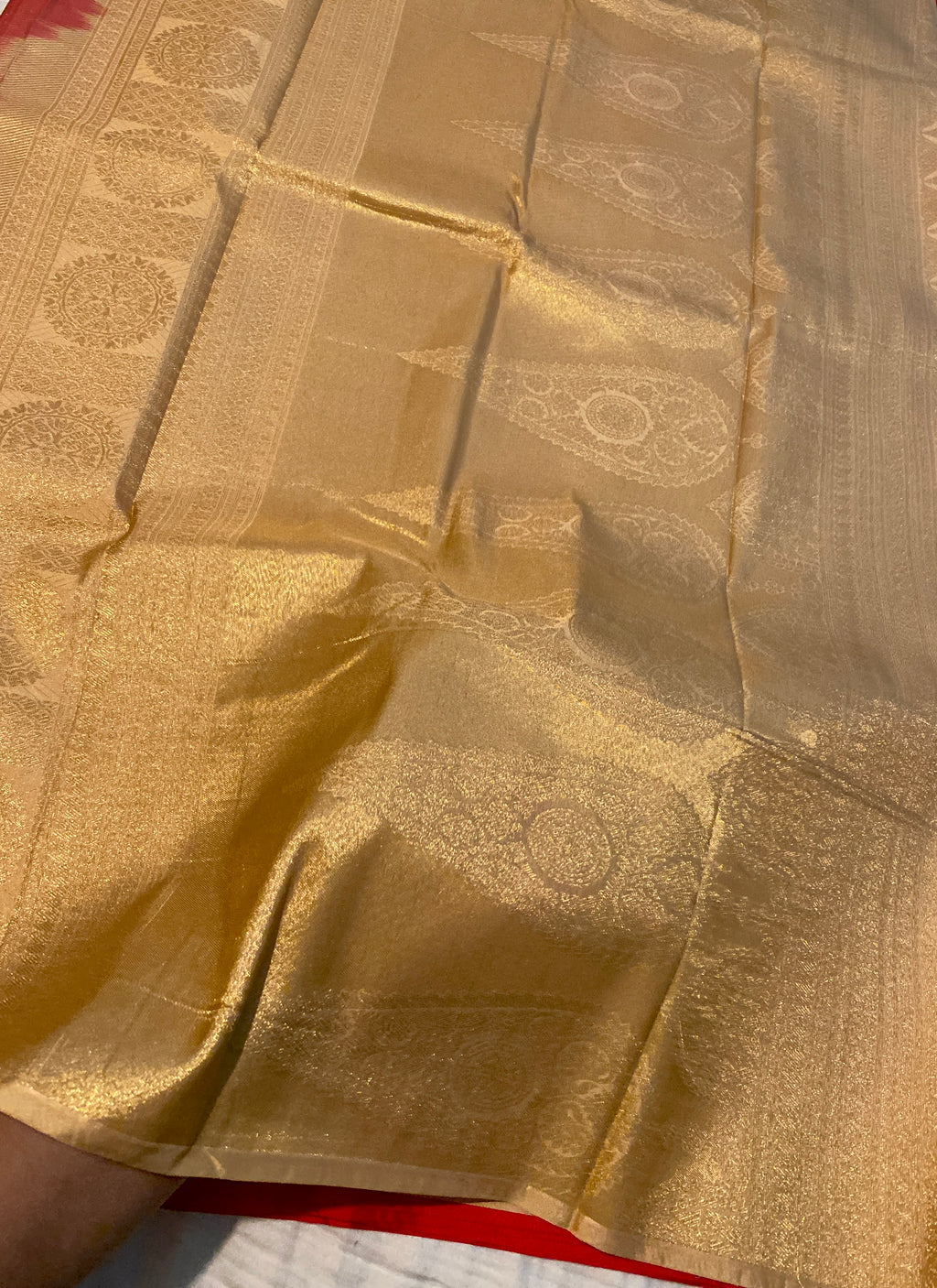 Red Semi-Kanchipuram Silk Saree with Gold Zari Motifs & Rich Woven Pallu