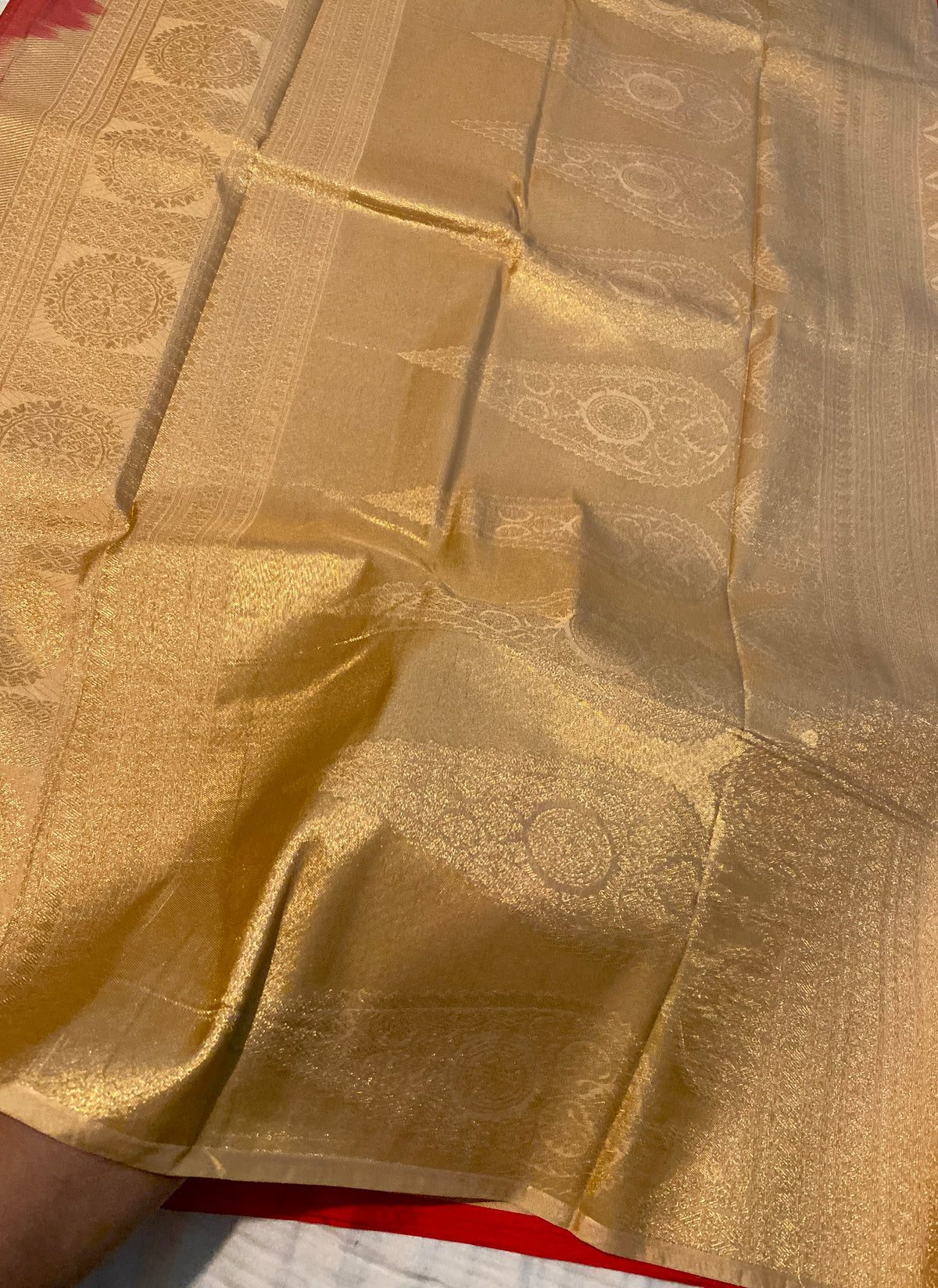 Red Semi-Kanchipuram Silk Saree with Gold Zari Motifs & Rich Woven Pallu