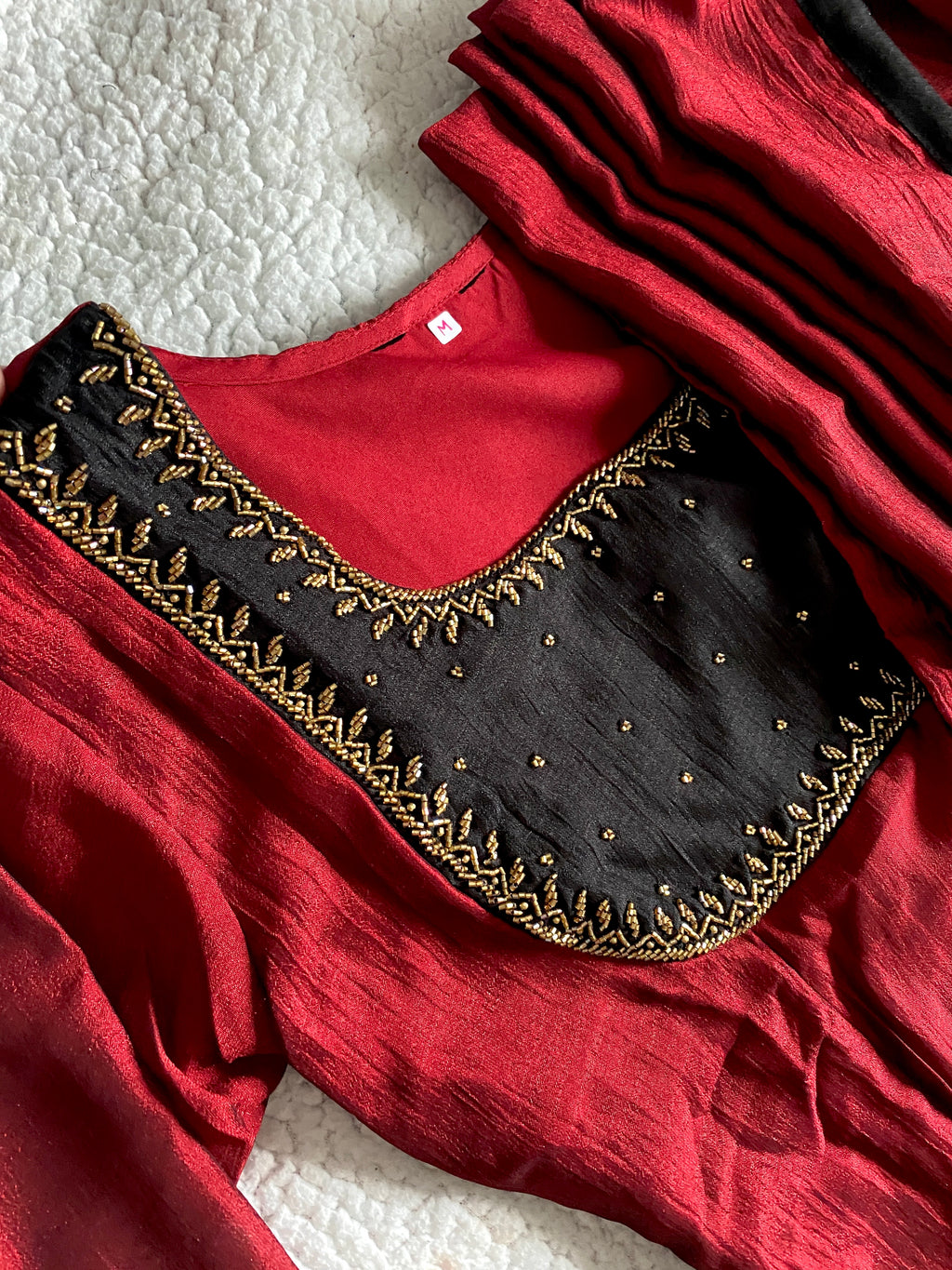 Maroon Handworked Semi-Raw Silk A-Line Top with Dupatta