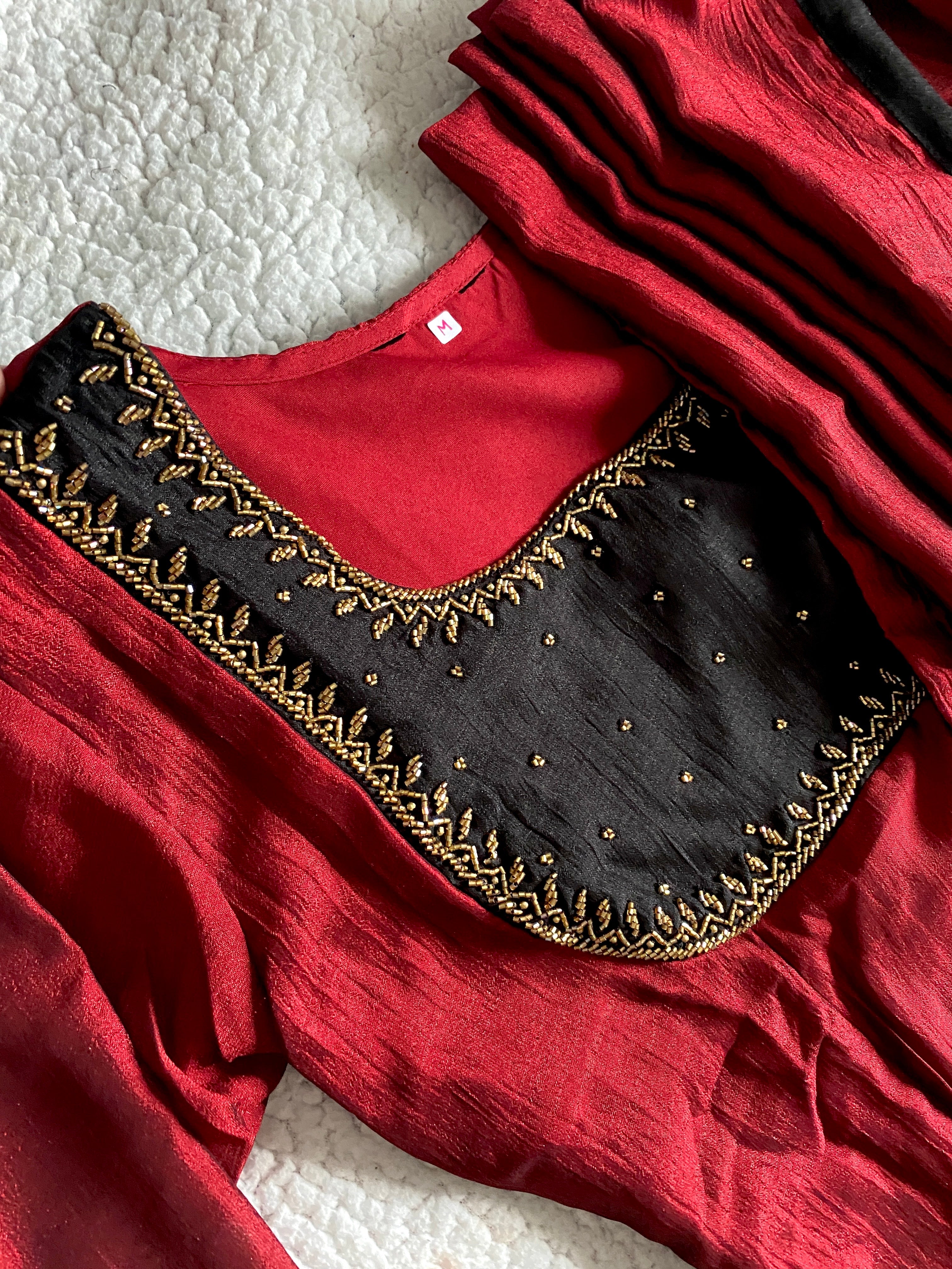 Maroon Handworked Semi-Raw Silk A-Line Top with Dupatta