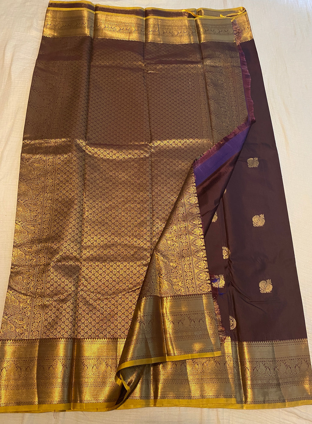 Coffee Brown Semi-Kanchipuram Silk Saree with Gold Zari