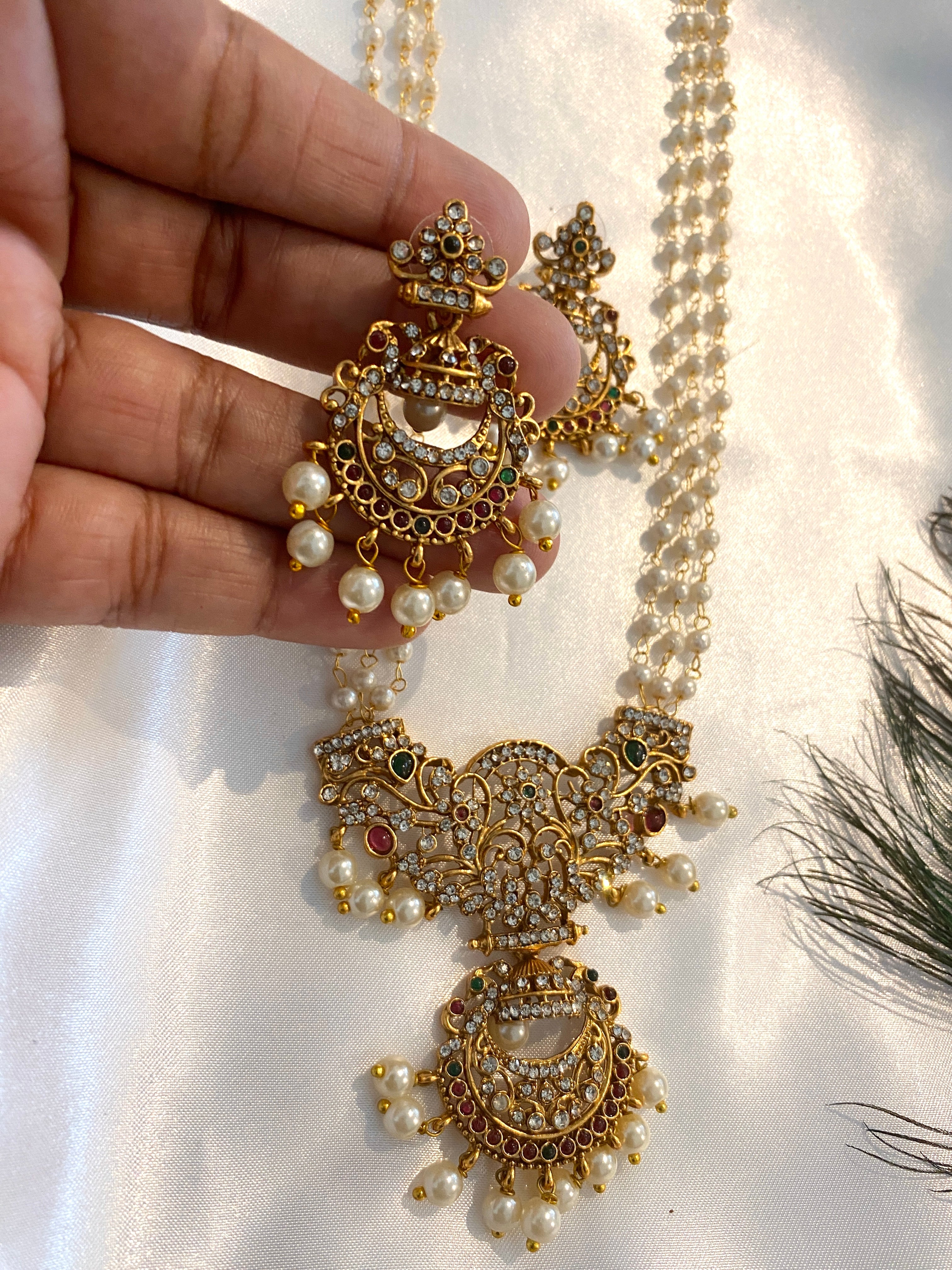 Pearl Design Long Haram Set | Floral Stone Pendant