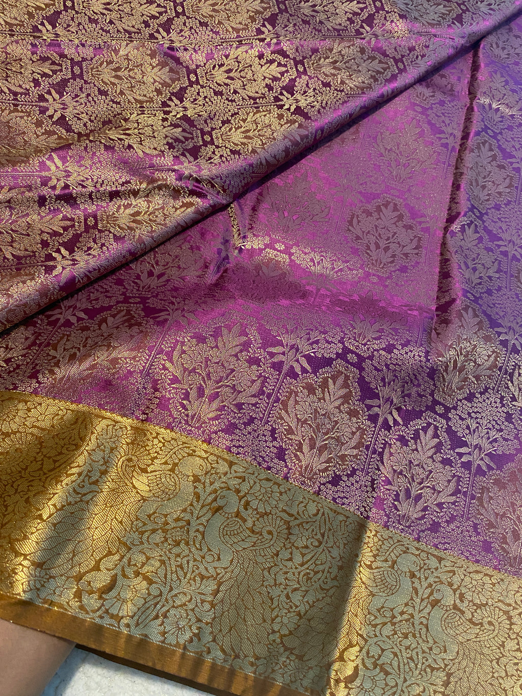 Magenta Purple and Antique Mustard Gold Semi-Kanchipuram Silk Saree with Rich Gold Zari Border