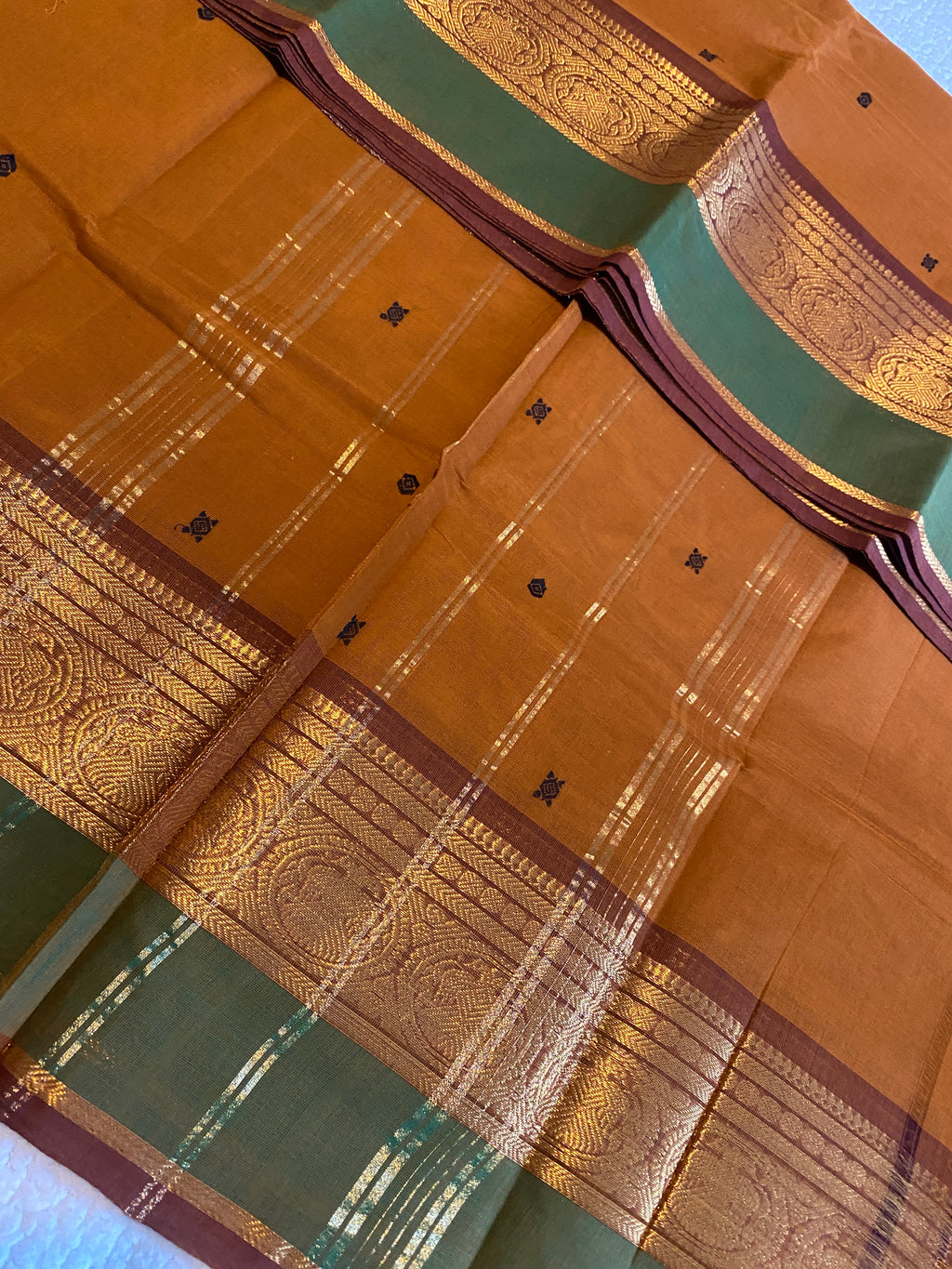 Pure Kanchi Cotton Saree | Honey Mustard with Contrast Green Border