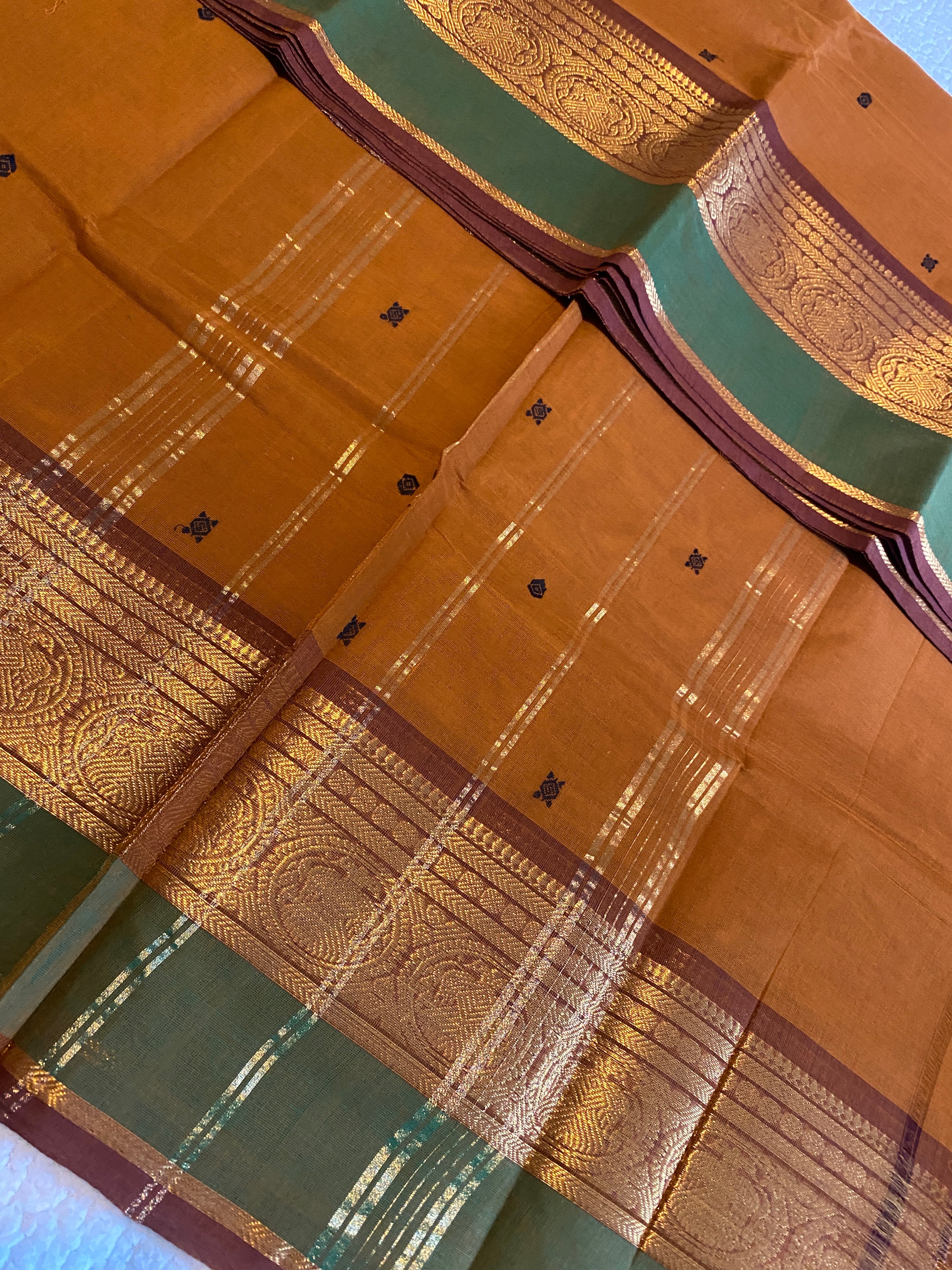 Pure Kanchi Cotton Saree | Honey Mustard with Contrast Green Border