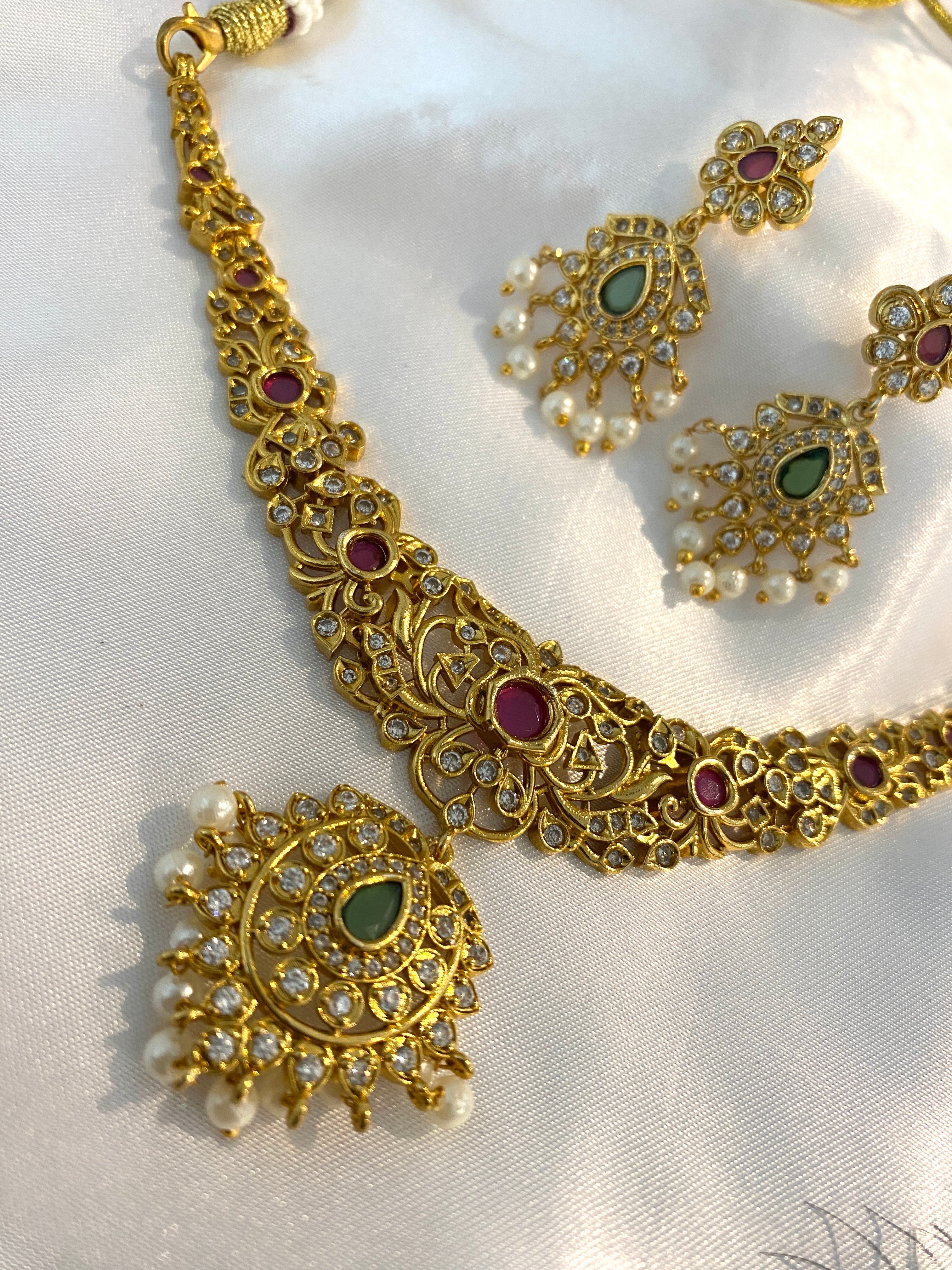 Traditional U-Shape Necklace Set with Earrings – Green & Ruby Stone with Pearl Accents