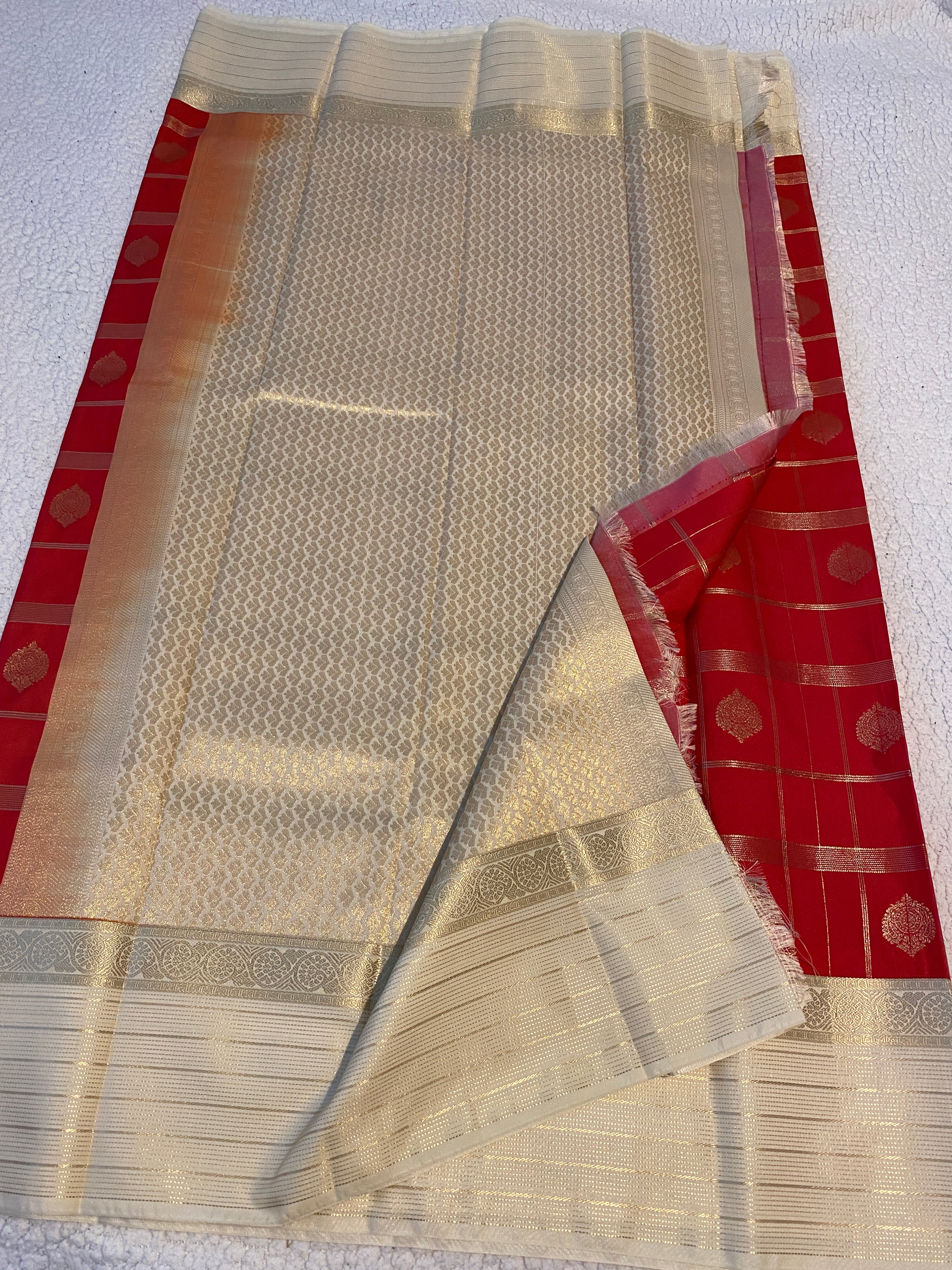 Semi-Kanchipuram Silk Saree in Red with Off-White Pallu & Gold Zari Border