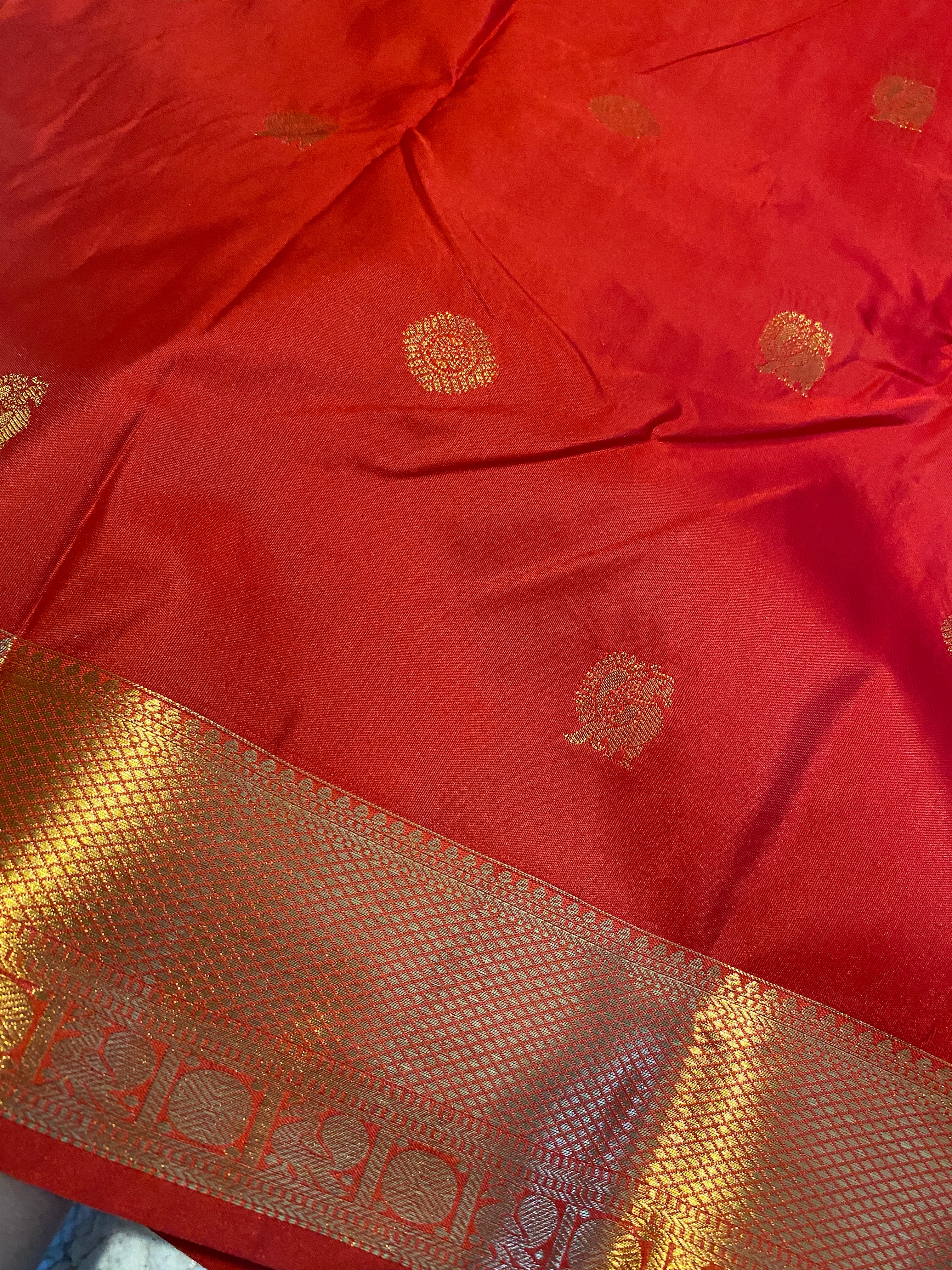 Red Semi-Kanchipuram Silk Saree with Gold Zari Border
