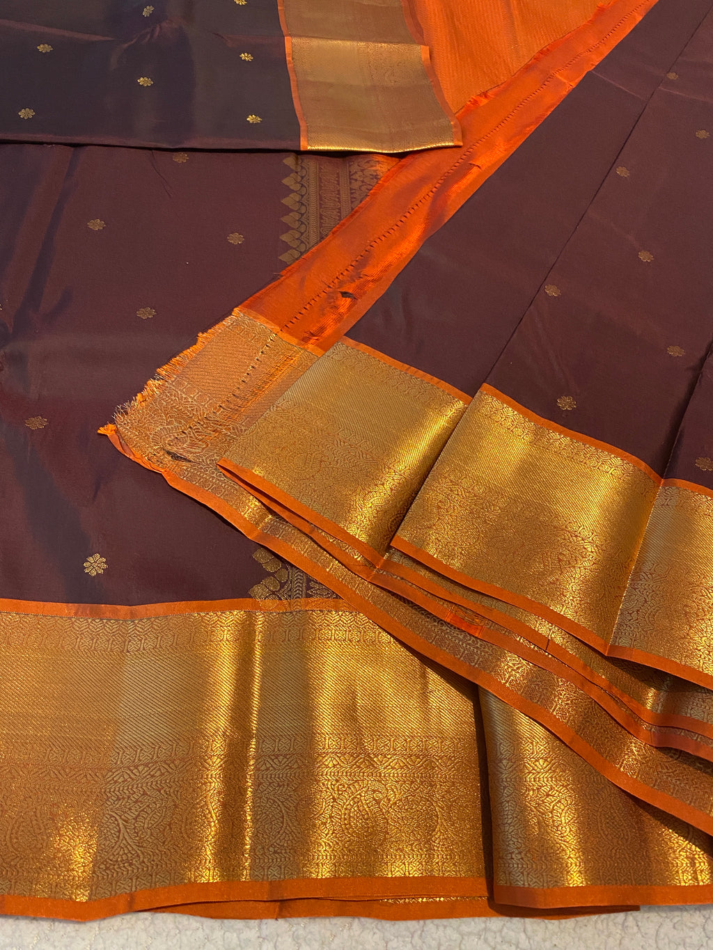 Coffee Maroon & Rust Orange Semi-Kanchipuram Silk Saree with Gold Zari Border
