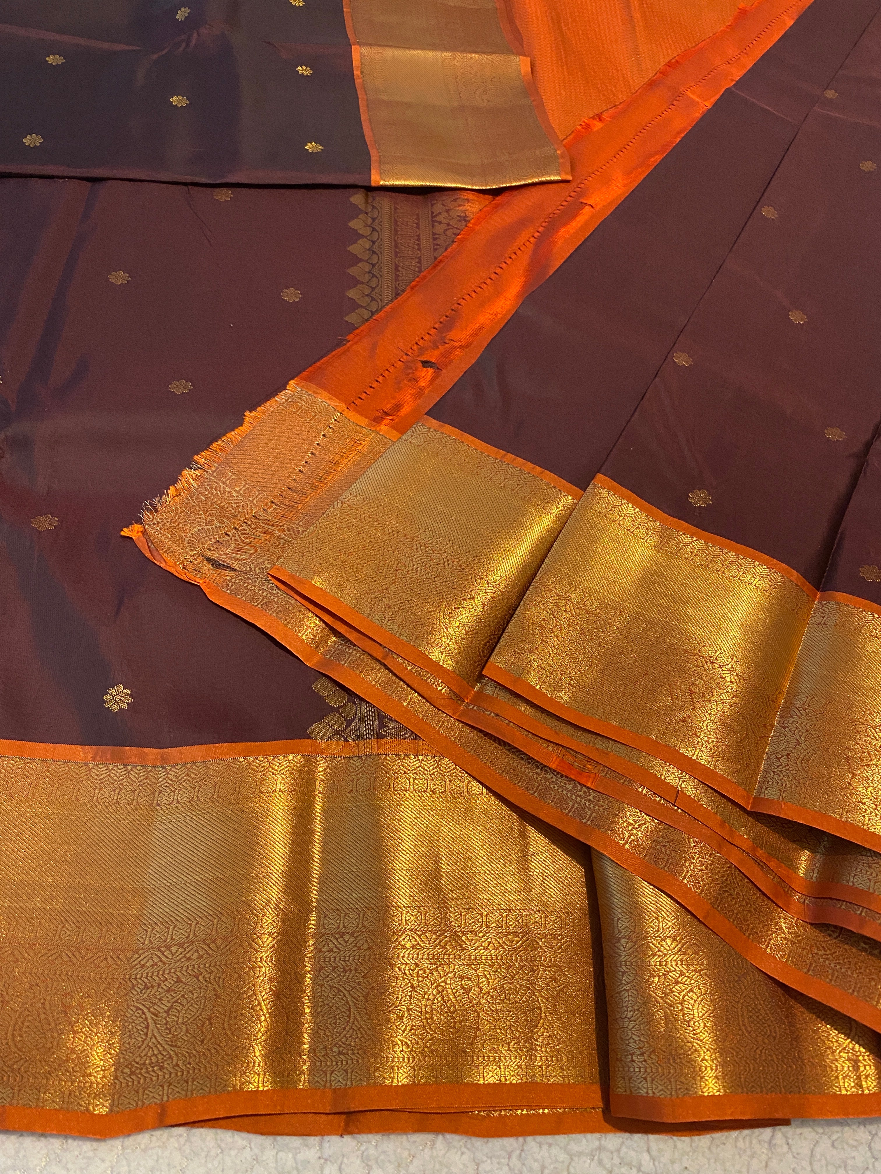Coffee Maroon & Rust Orange Semi-Kanchipuram Silk Saree with Gold Zari Border