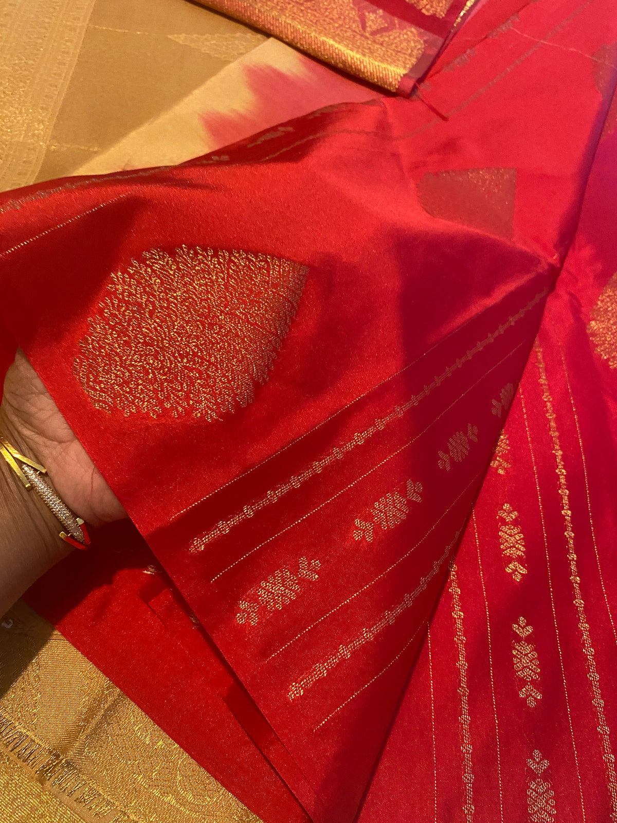Red Semi-Kanchipuram Silk Saree with Gold Zari Motifs & Rich Woven Pallu