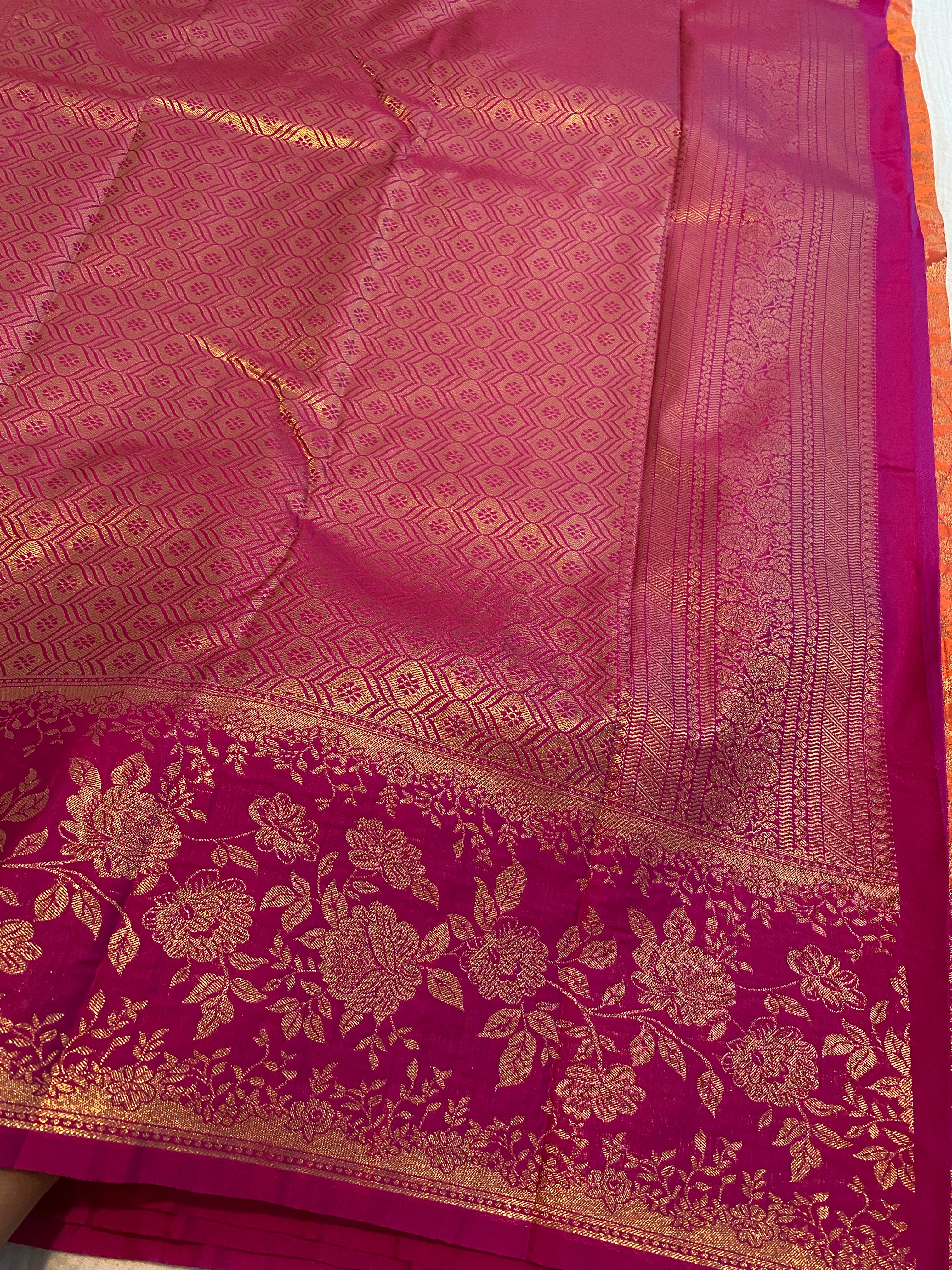 Premium Semi-Kanchipuram Silk Saree in Orange with Magenta Pink Floral Gold Zari Border & Pallu