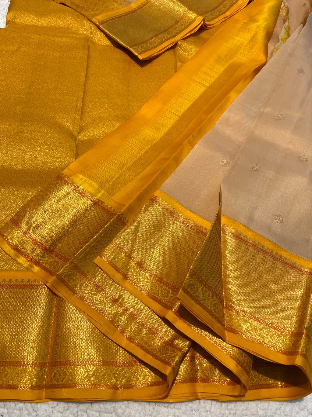 Pure Kanchipuram Silk Saree | Elegant Beige with Traditional Golden Yellow Zari Border