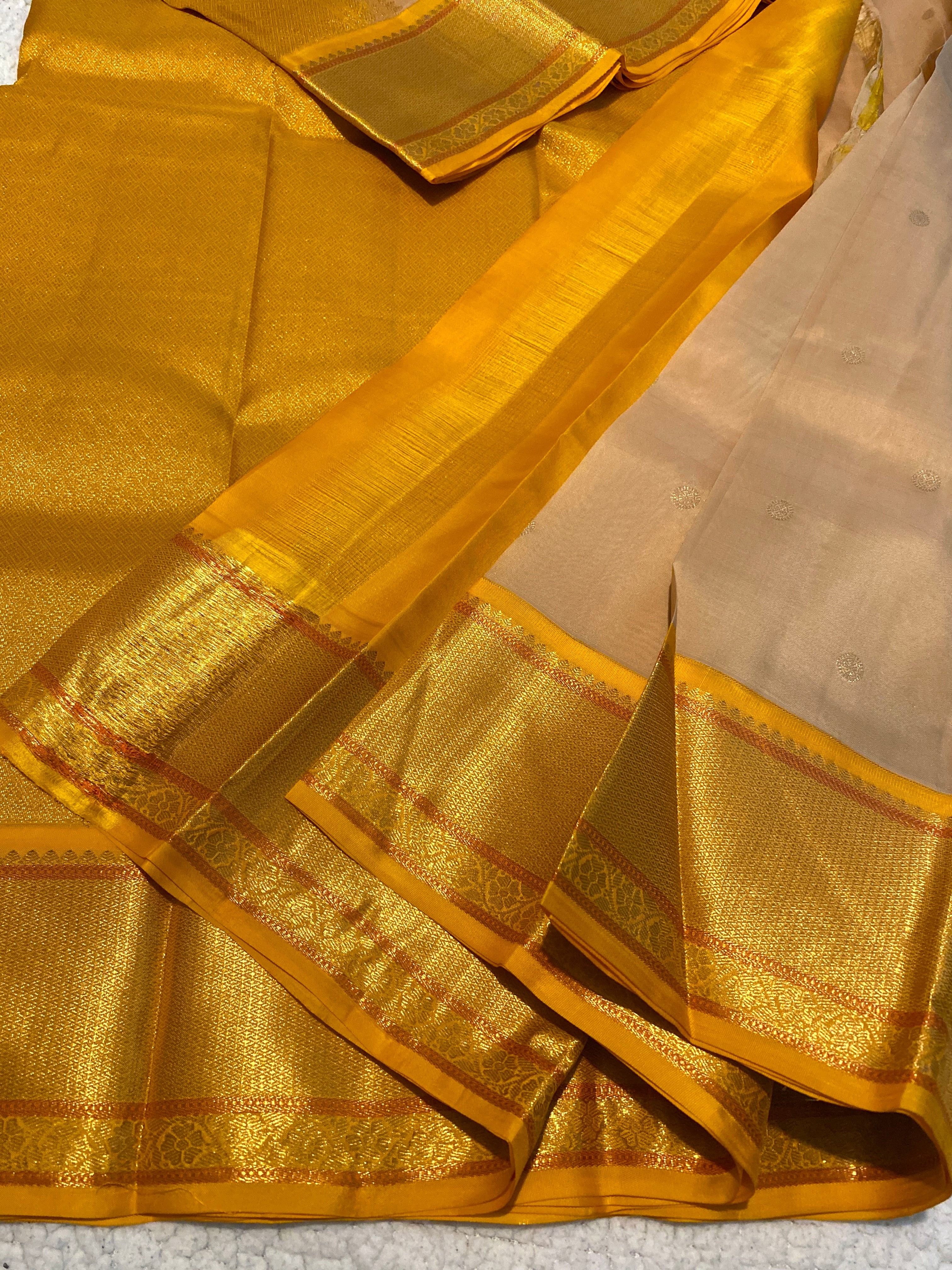 Pure Kanchipuram Silk Saree | Elegant Beige with Traditional Golden Yellow Zari Border