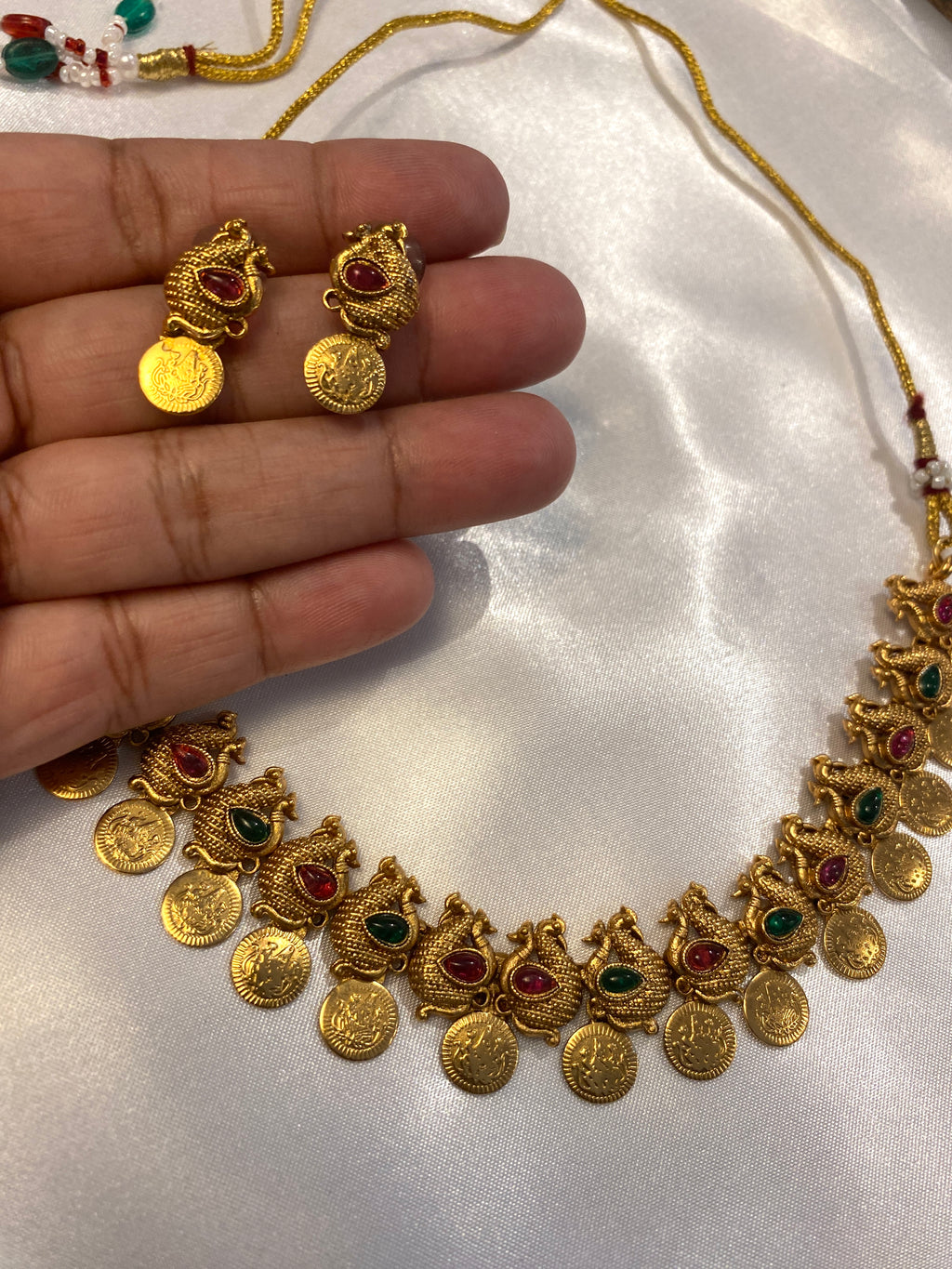 Antique Gold-Tone Ruby & Green Temple-Style Necklace Set