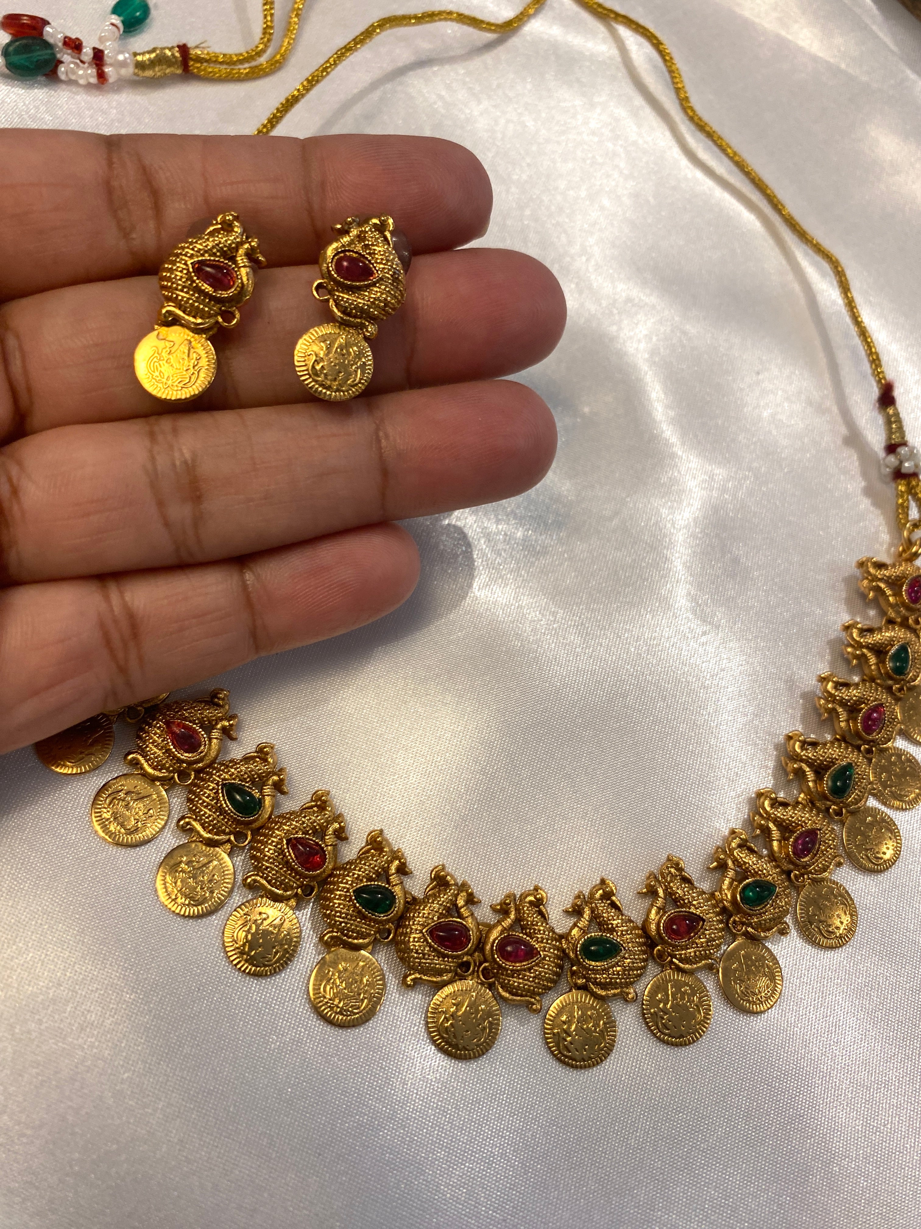 Antique Gold-Tone Ruby & Green Temple-Style Necklace Set