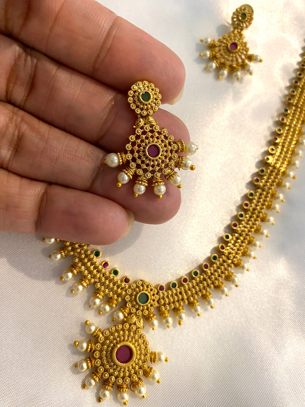 Traditional Temple Haram Necklace Set with Pearl Drops