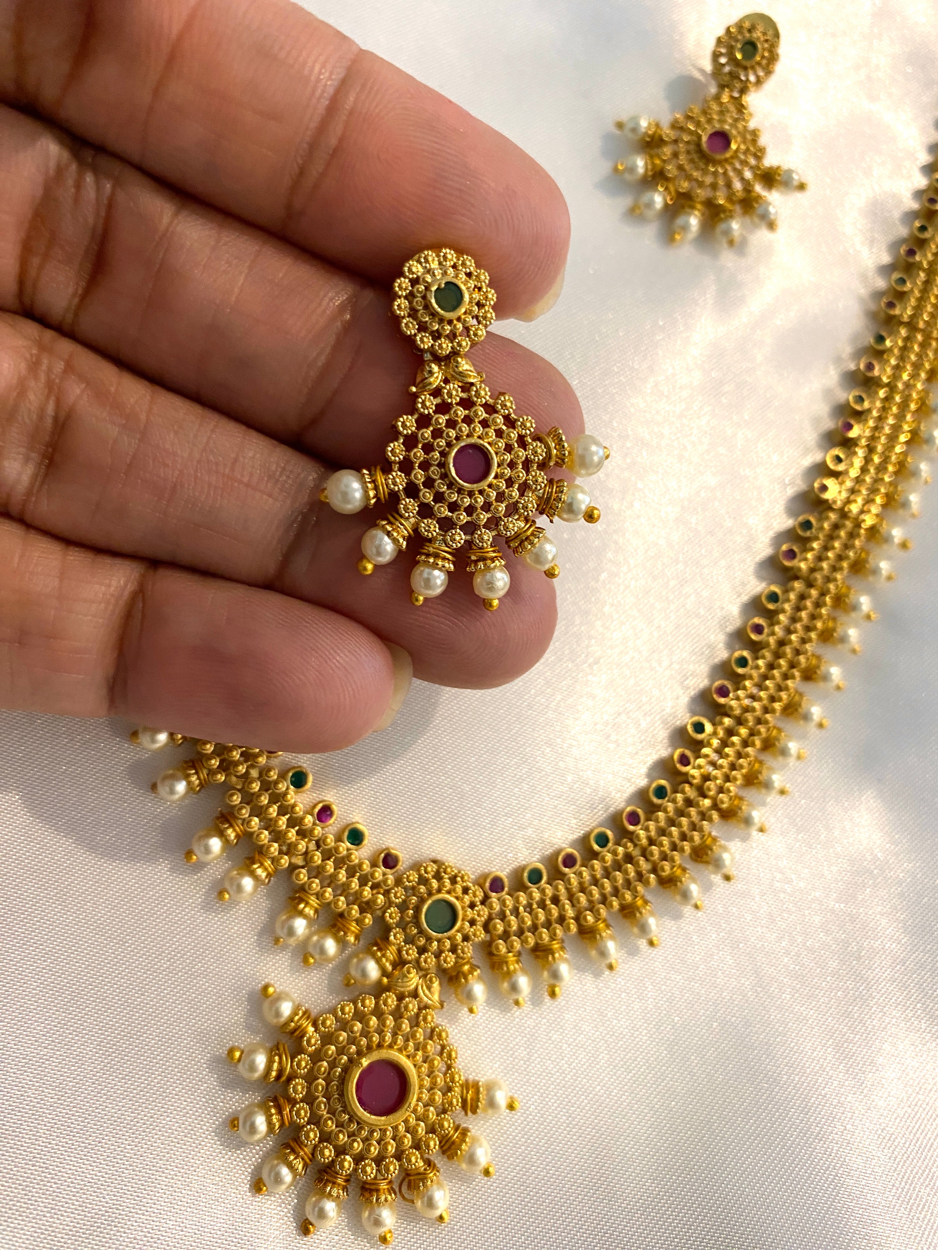 Traditional Temple Haram Necklace Set with Pearl Drops