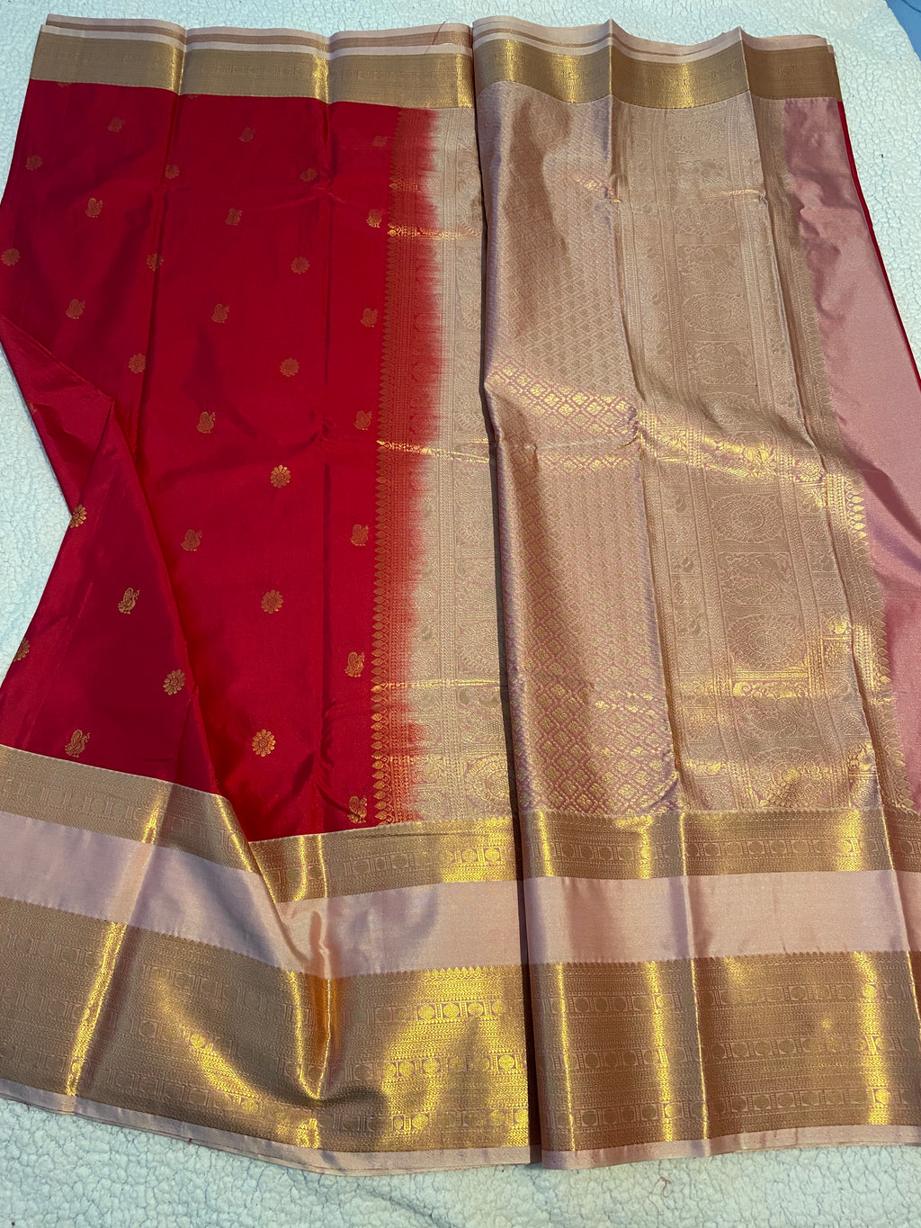Deep Pink & Blush Pink Semi-Kanchipuram Silk Saree with Gold Zari Border