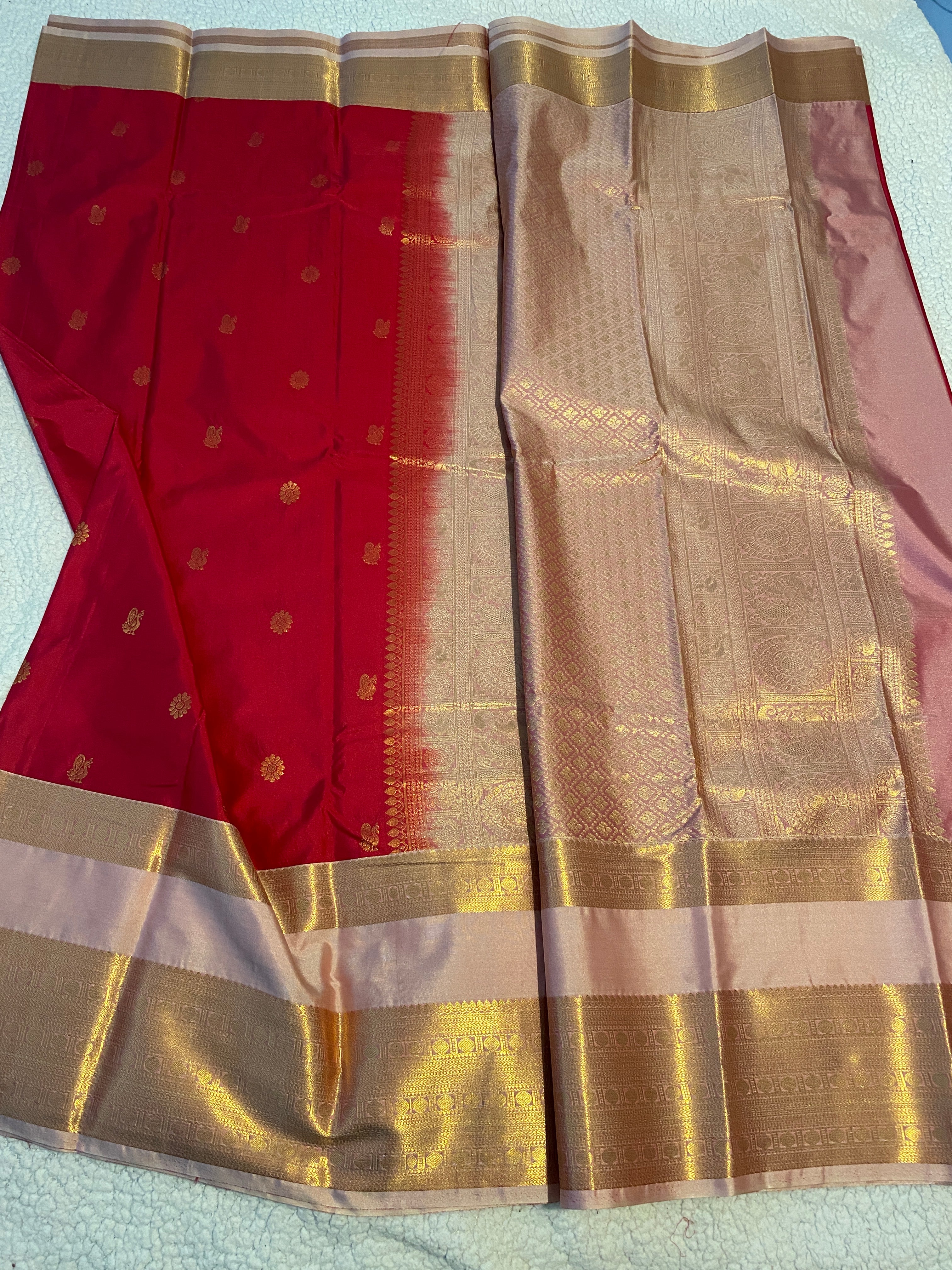 Deep Pink & Blush Pink Semi-Kanchipuram Silk Saree with Gold Zari Border