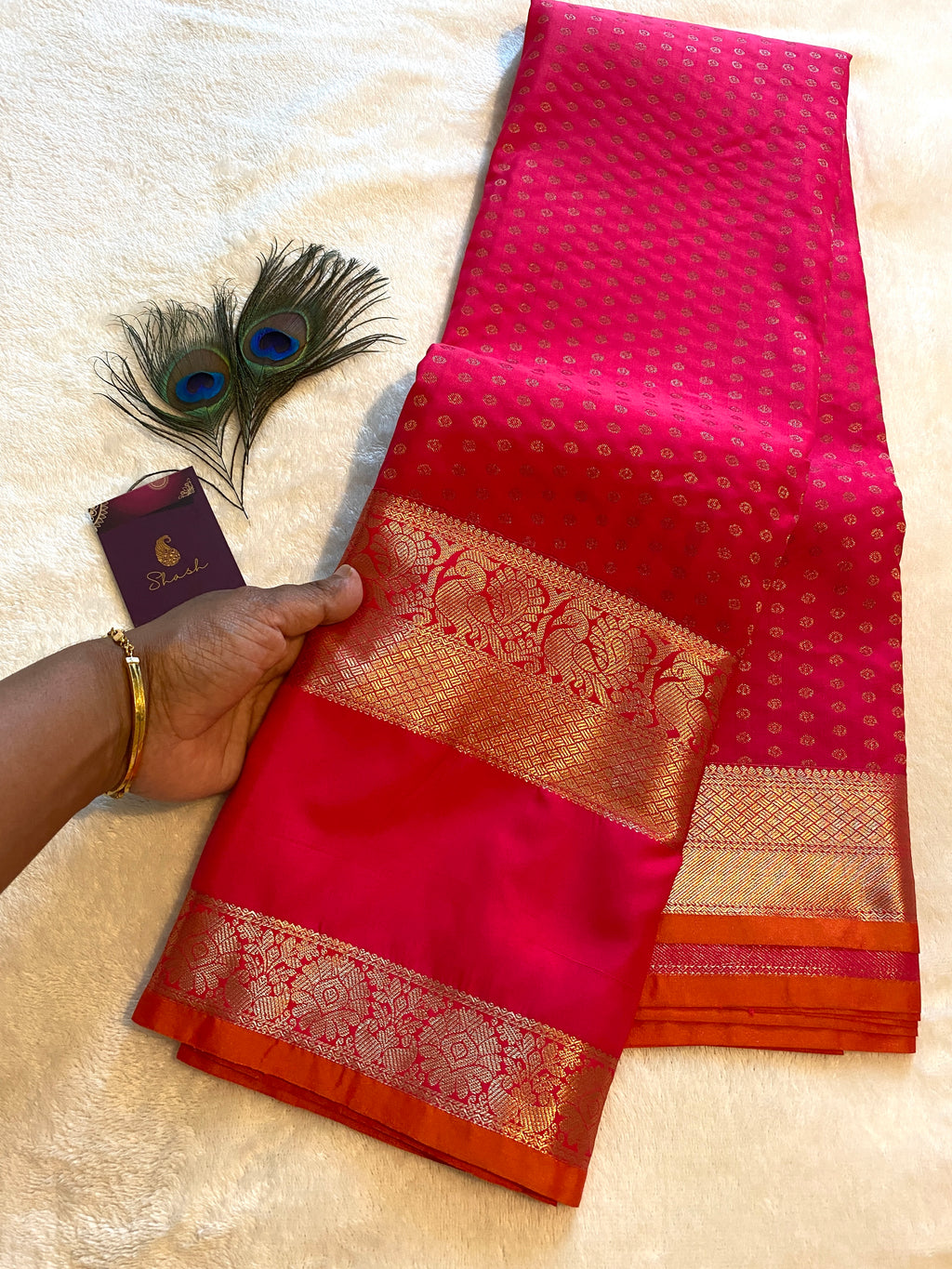 Premium Rani Pink Semi Kanchipuram Silk Saree with Gold Zari & Orange Piping Border