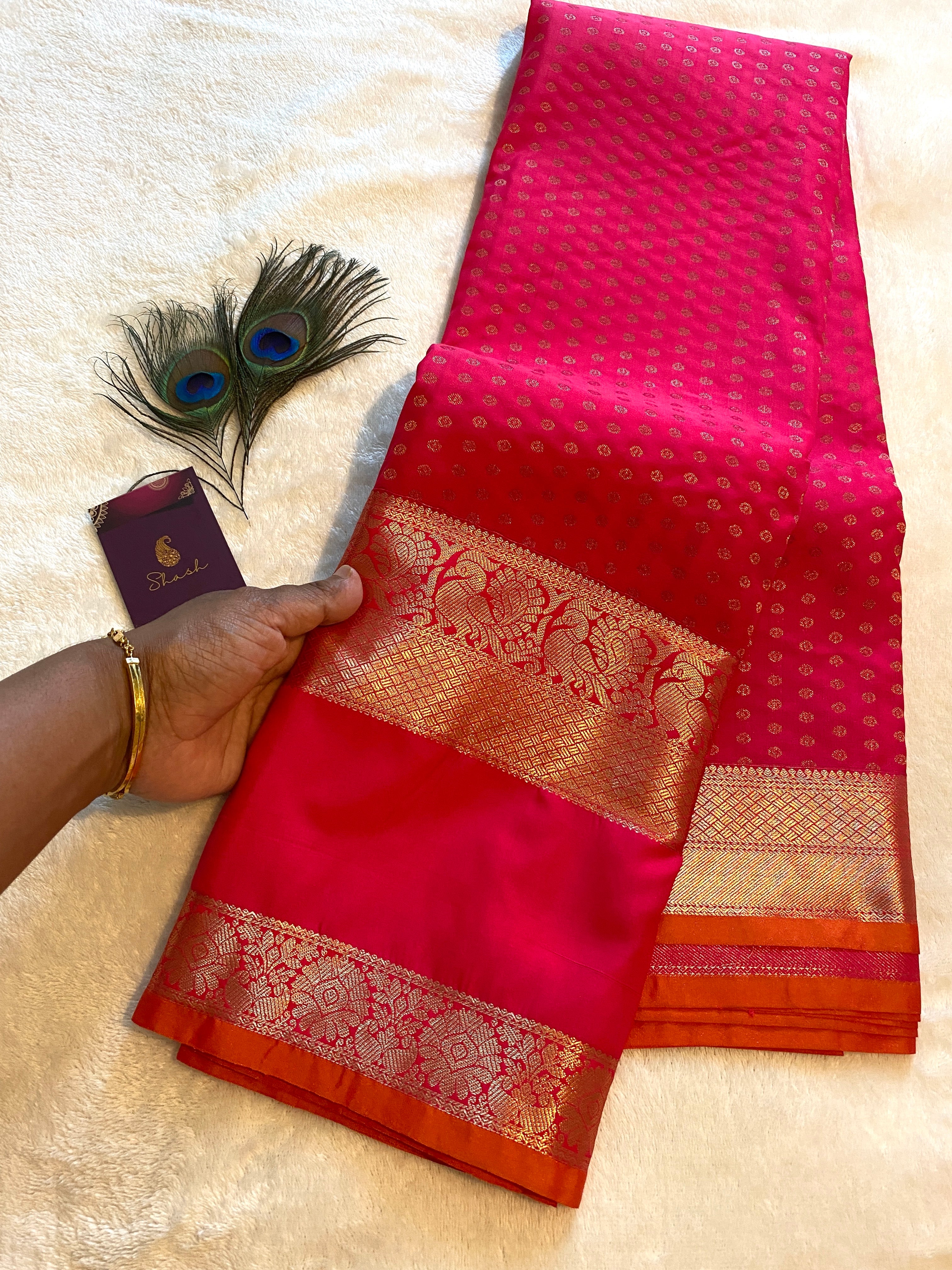 Premium Rani Pink Semi Kanchipuram Silk Saree with Gold Zari & Orange Piping Border