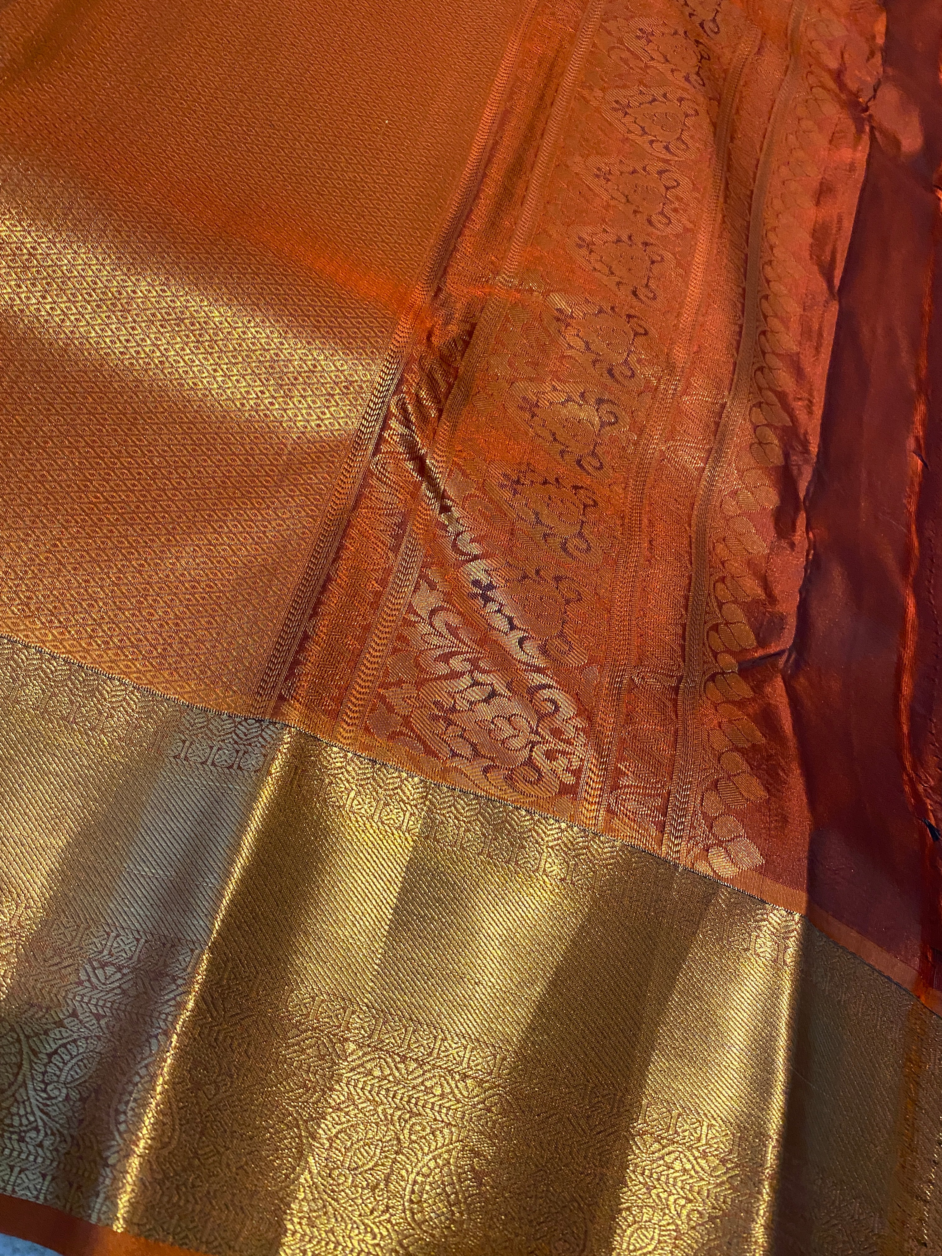 Coffee Maroon & Rust Orange Semi-Kanchipuram Silk Saree with Gold Zari Border