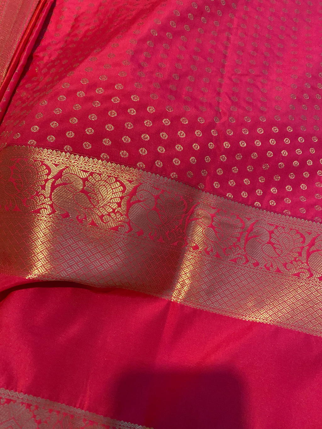 Premium Rani Pink Semi Kanchipuram Silk Saree with Gold Zari & Orange Piping Border