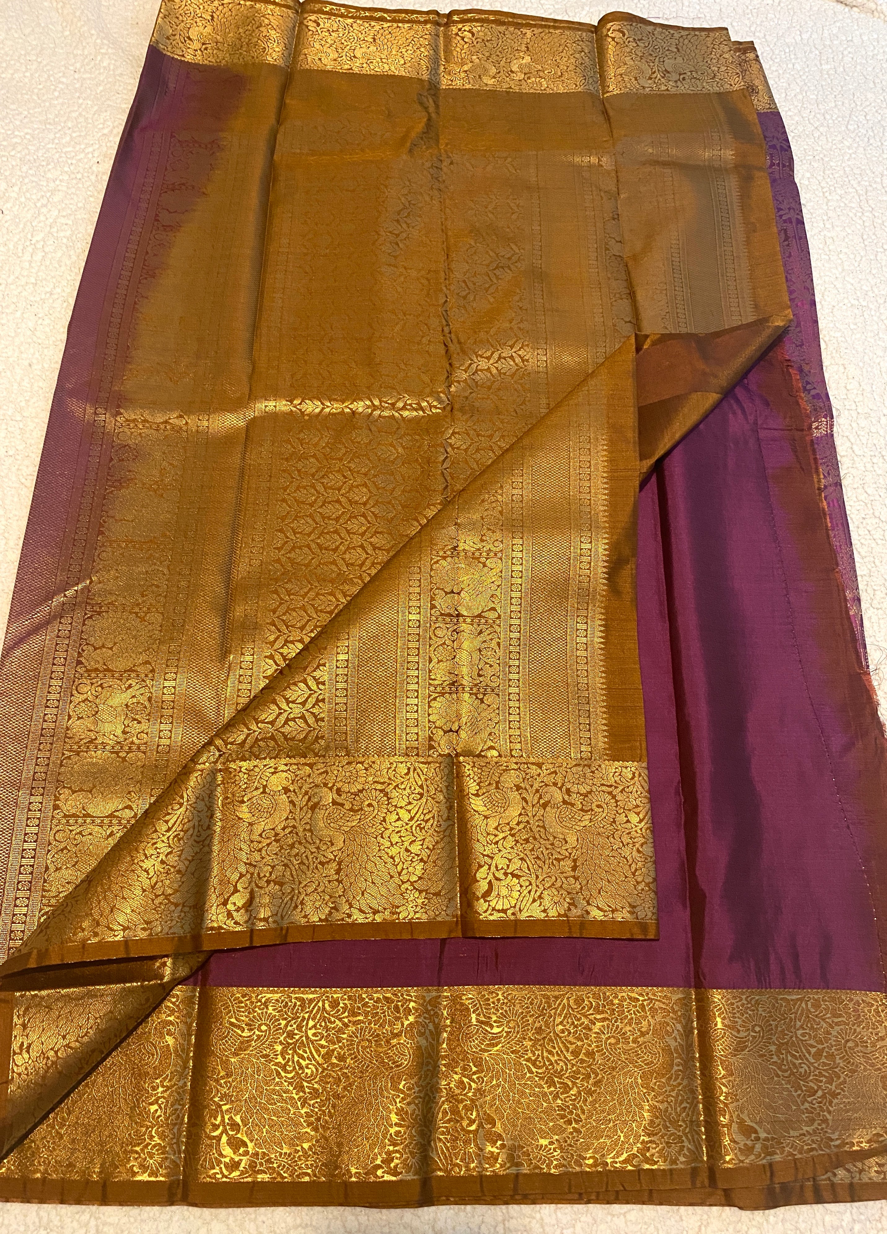 Magenta Purple and Antique Mustard Gold Semi-Kanchipuram Silk Saree with Rich Gold Zari Border