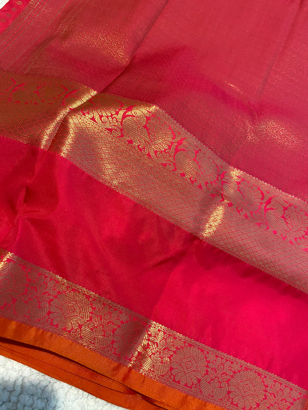 Premium Rani Pink Semi Kanchipuram Silk Saree with Gold Zari & Orange Piping Border