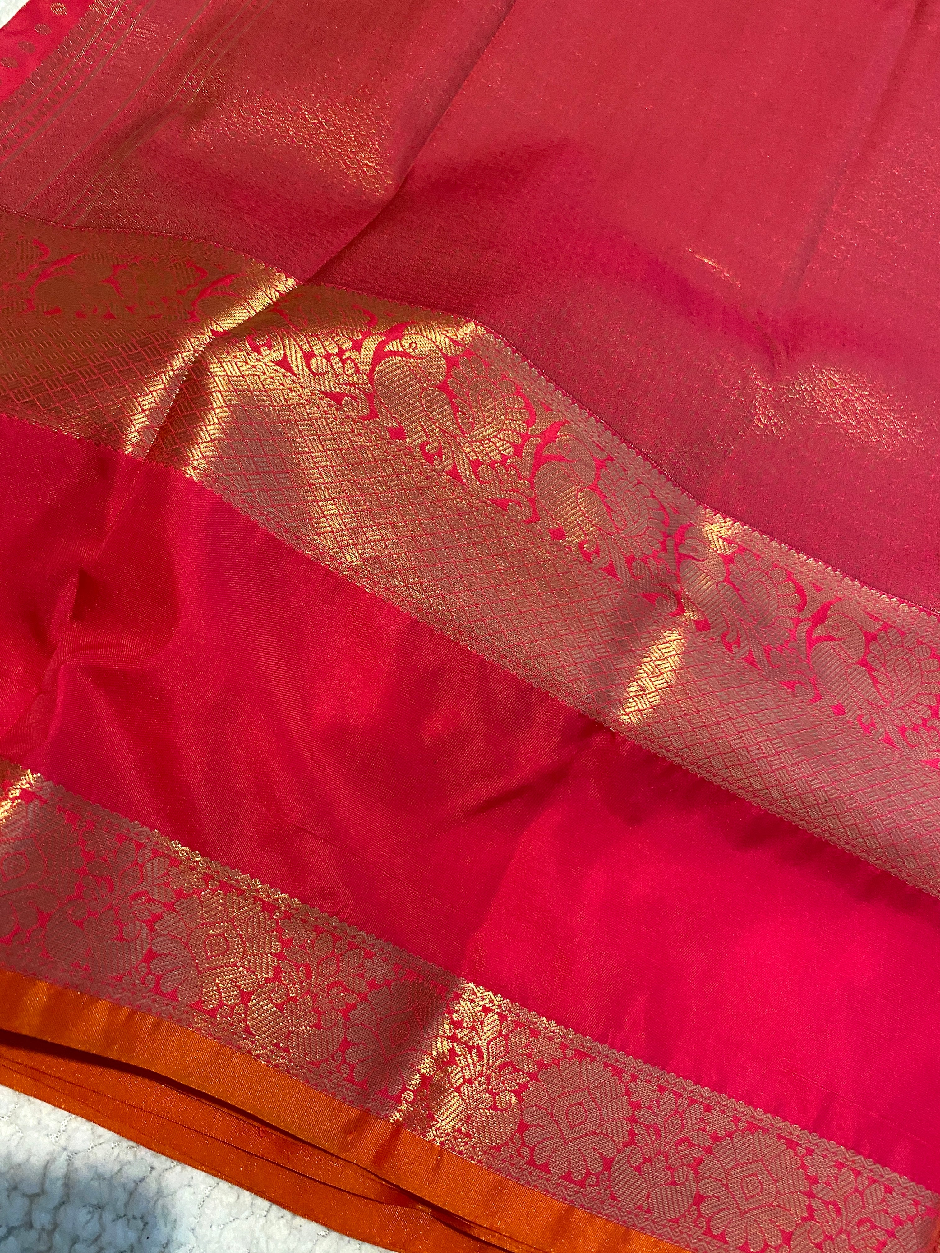 Premium Rani Pink Semi Kanchipuram Silk Saree with Gold Zari & Orange Piping Border