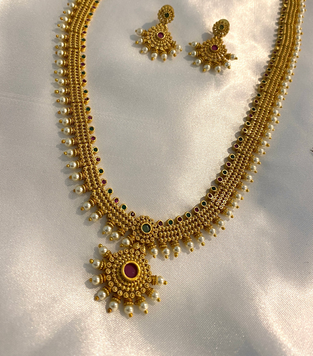 Traditional Temple Haram Necklace Set with Pearl Drops