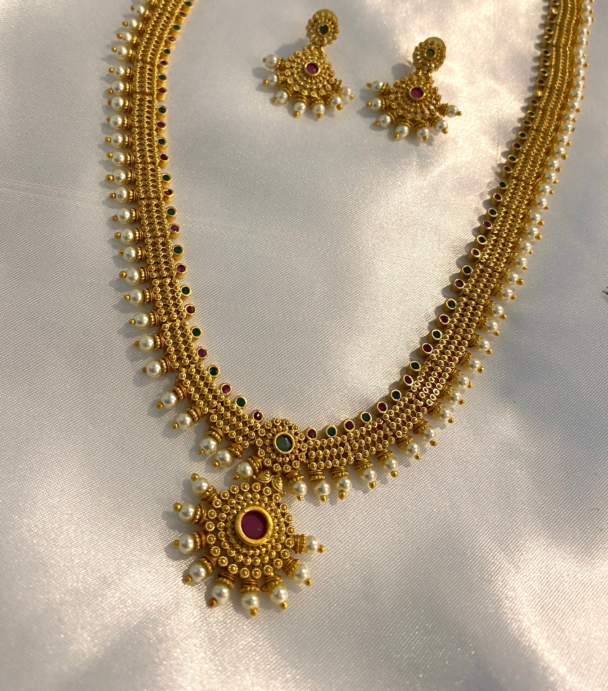 Traditional Temple Haram Necklace Set with Pearl Drops
