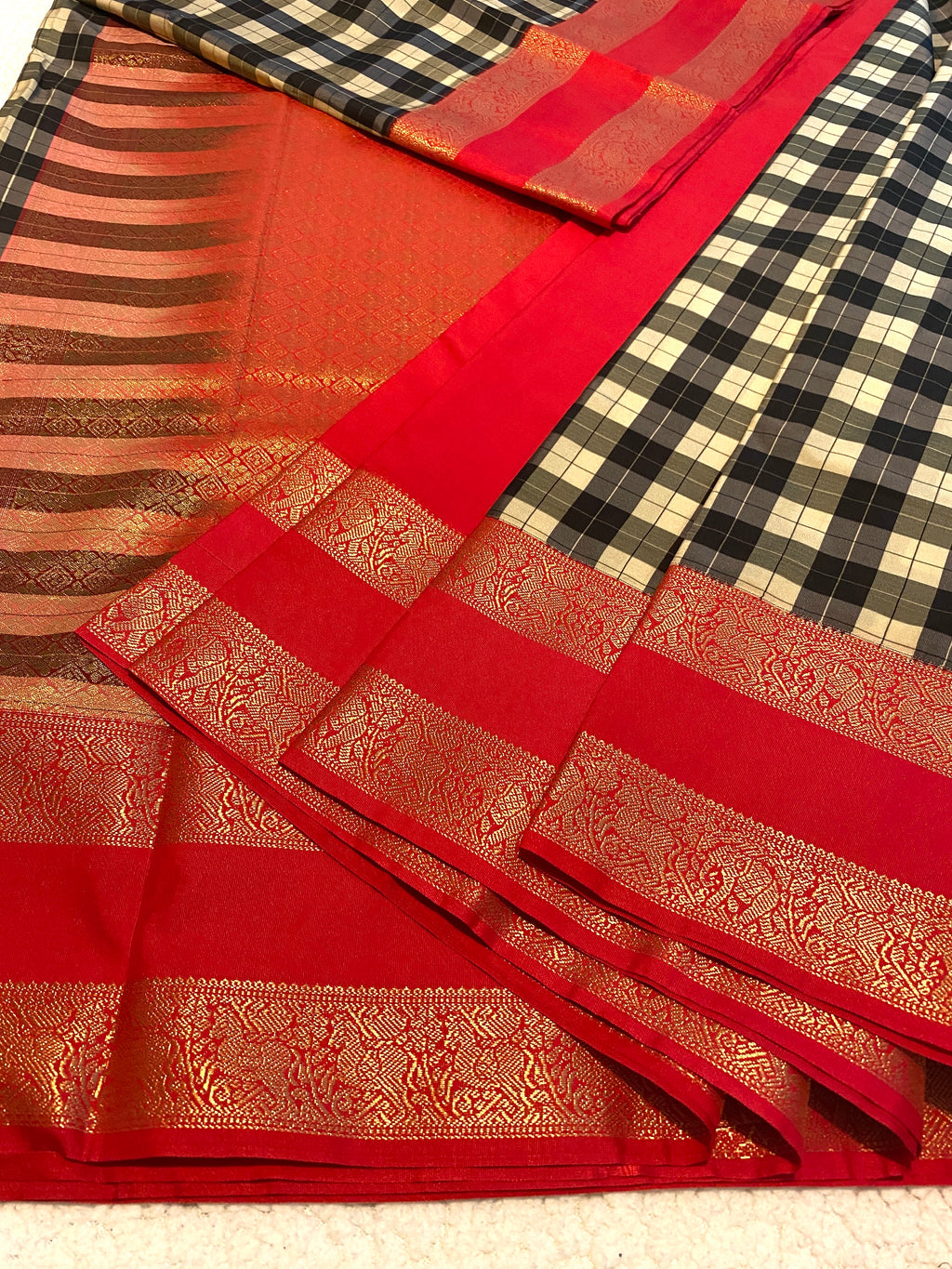 Semi-Kanchipuram Silk Saree with Checked Body, Rich Red Pallu & Gold Zari Border