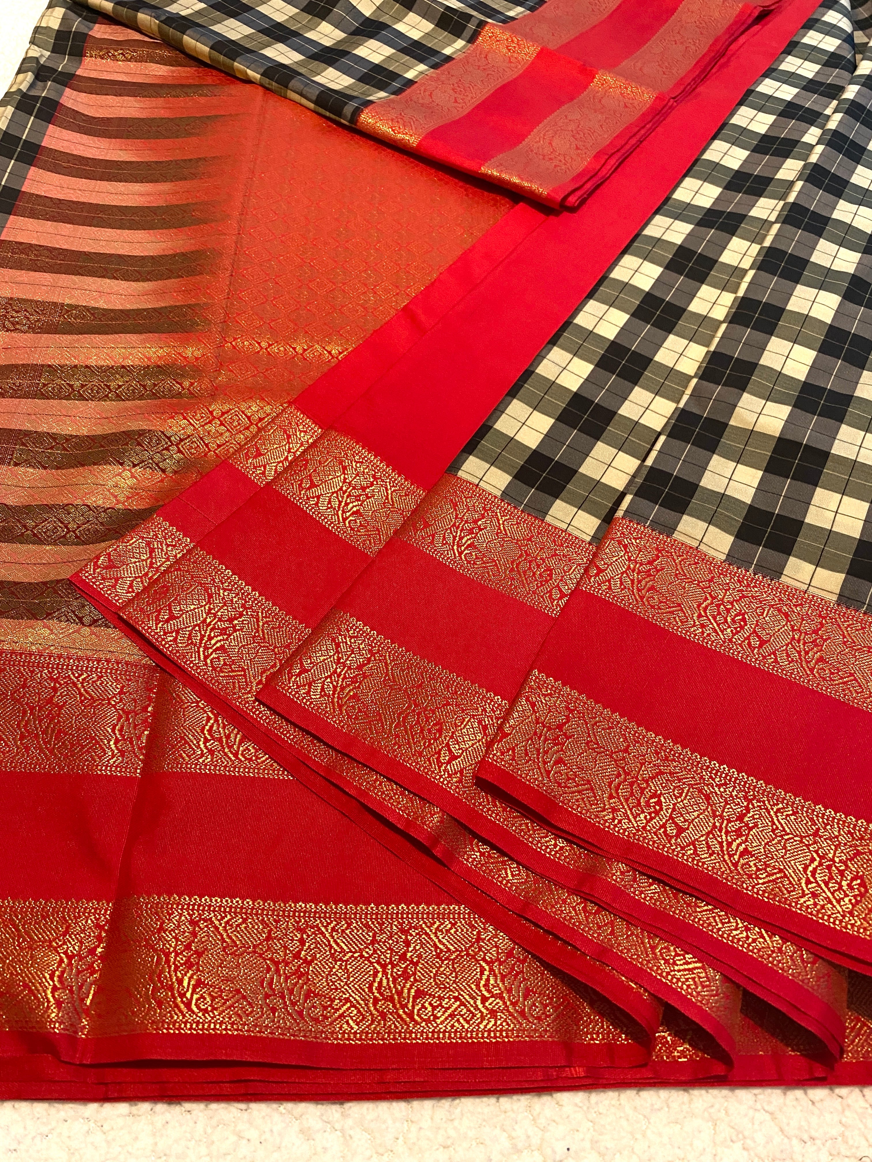 Semi-Kanchipuram Silk Saree with Checked Body, Rich Red Pallu & Gold Zari Border