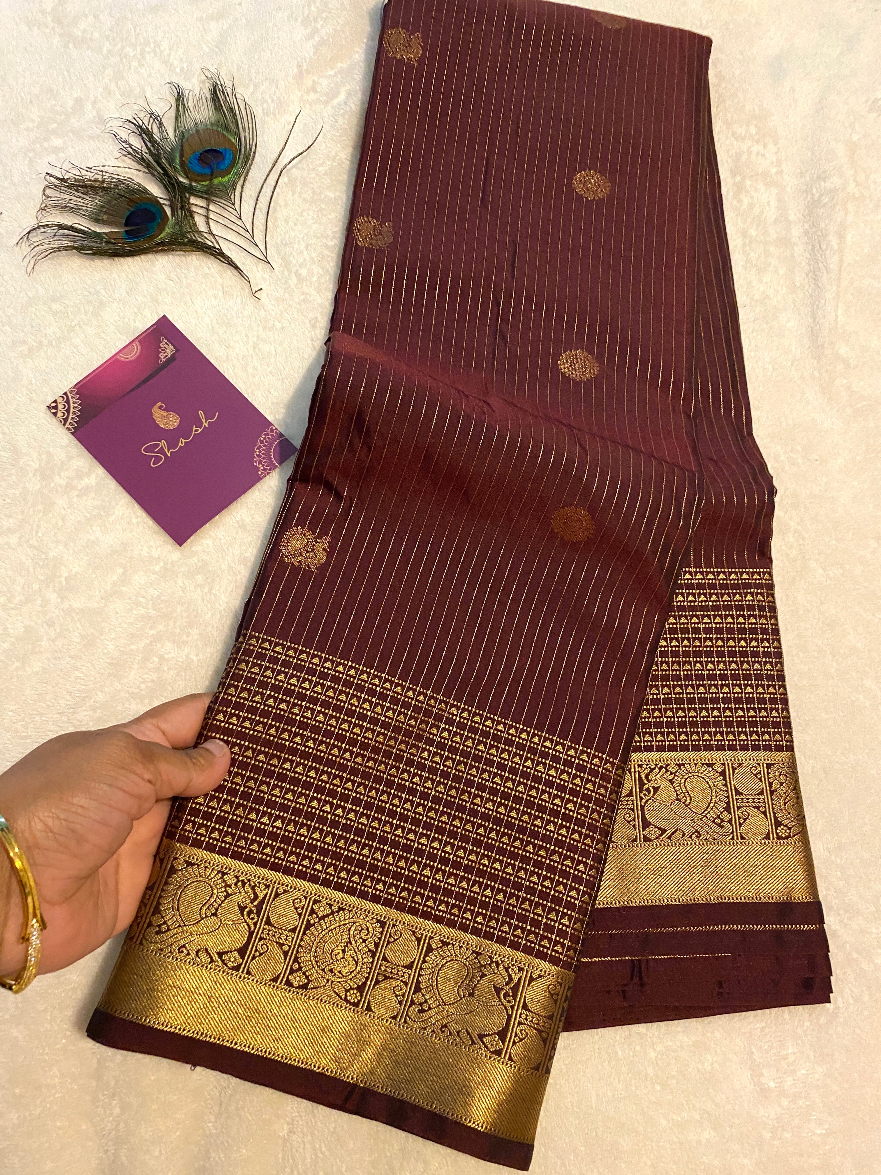 Coffee Maroon & Antique Gold Semi-Kanchipuram Silk Saree with Peacock Border