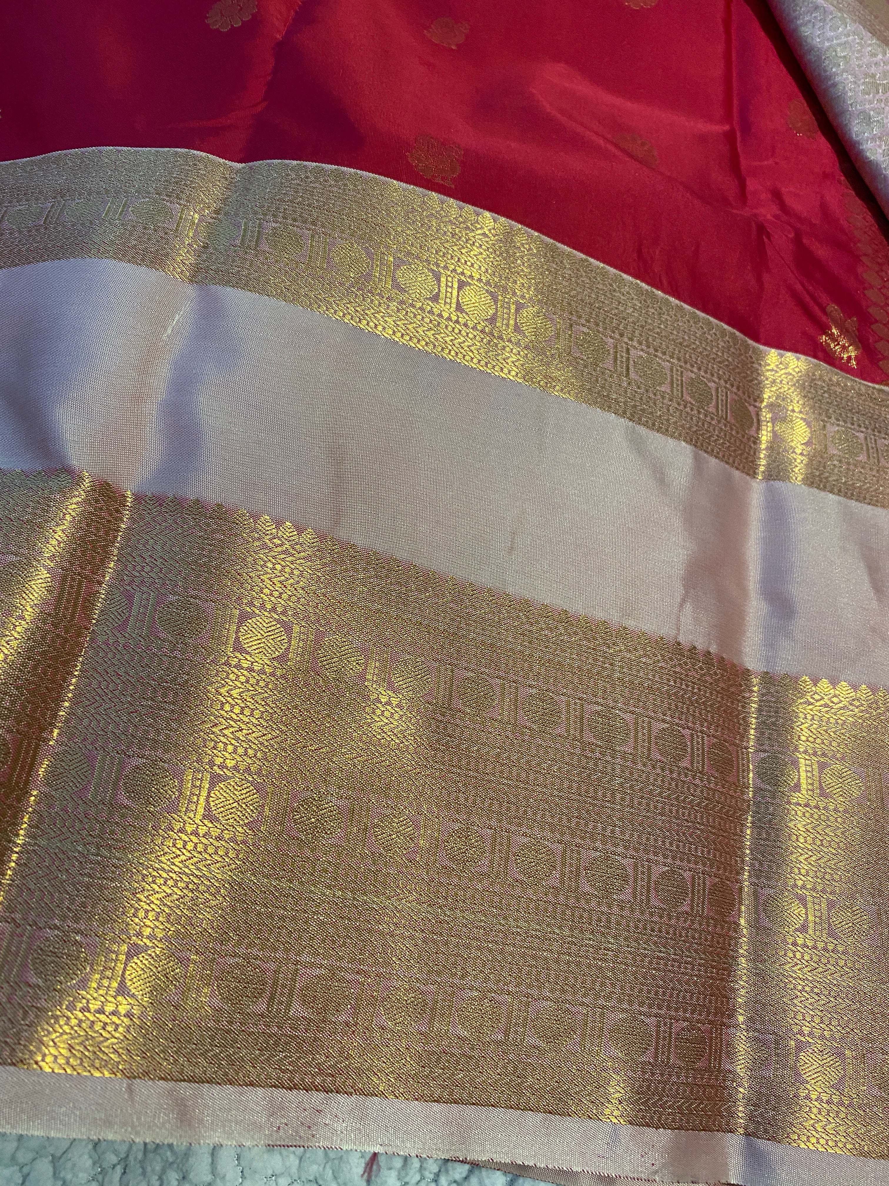 Deep Pink & Blush Pink Semi-Kanchipuram Silk Saree with Gold Zari Border