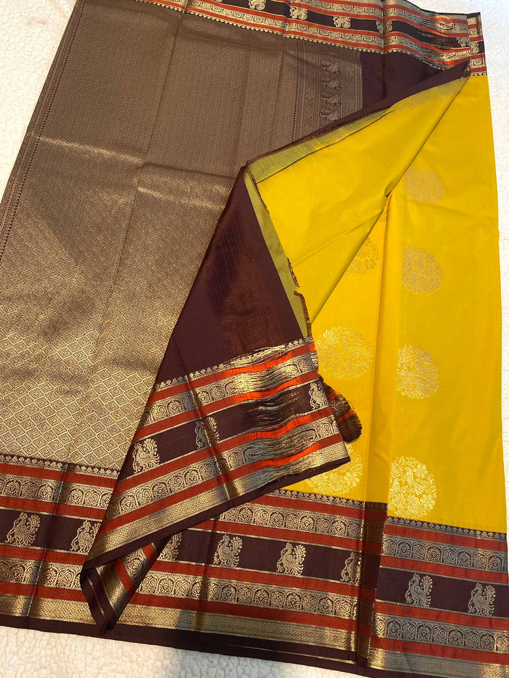 Golden Yellow & Deep Plum Semi-Kanchipuram Silk Saree with Peacock Zari Motifs